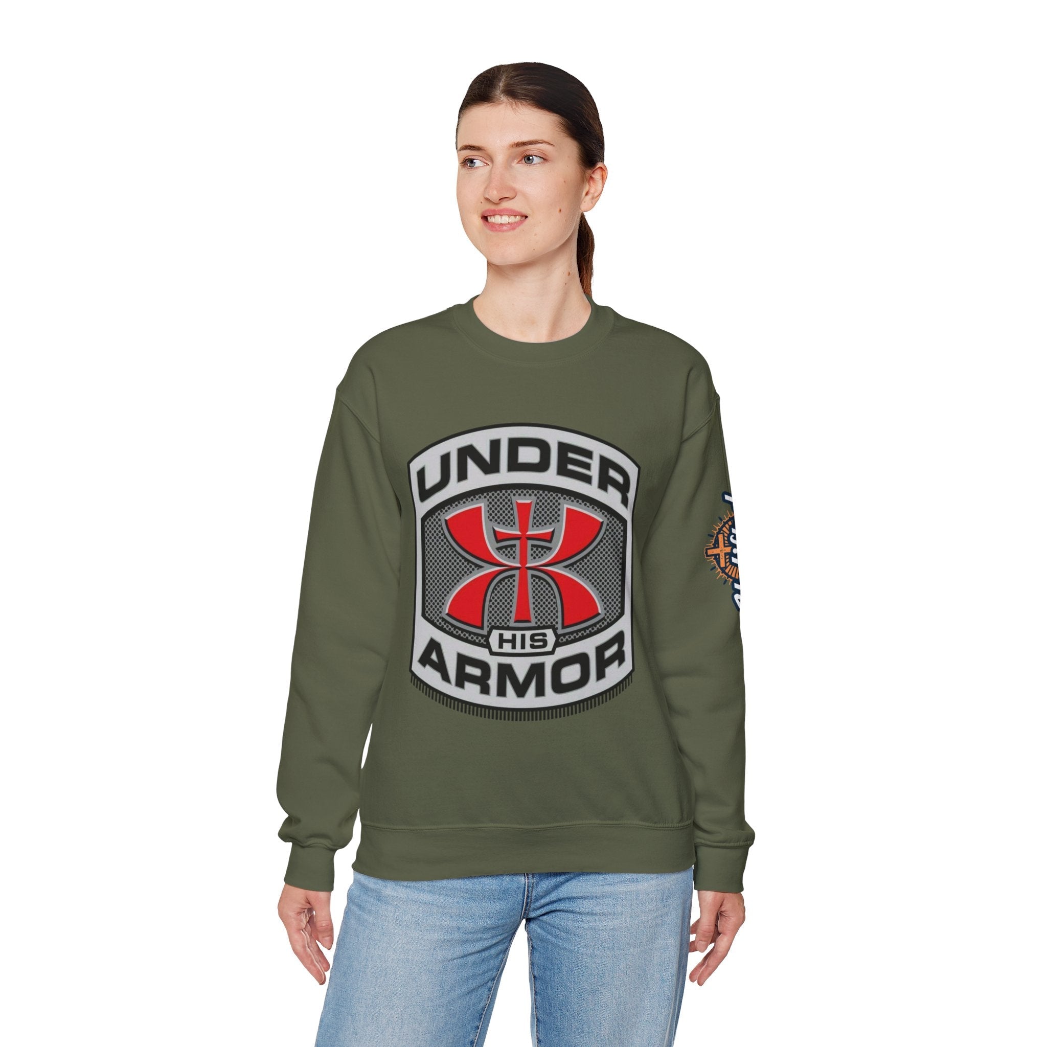 Under His Armor Crewneck Sweatshirt — Christian Faith Graphic Pullover Printify