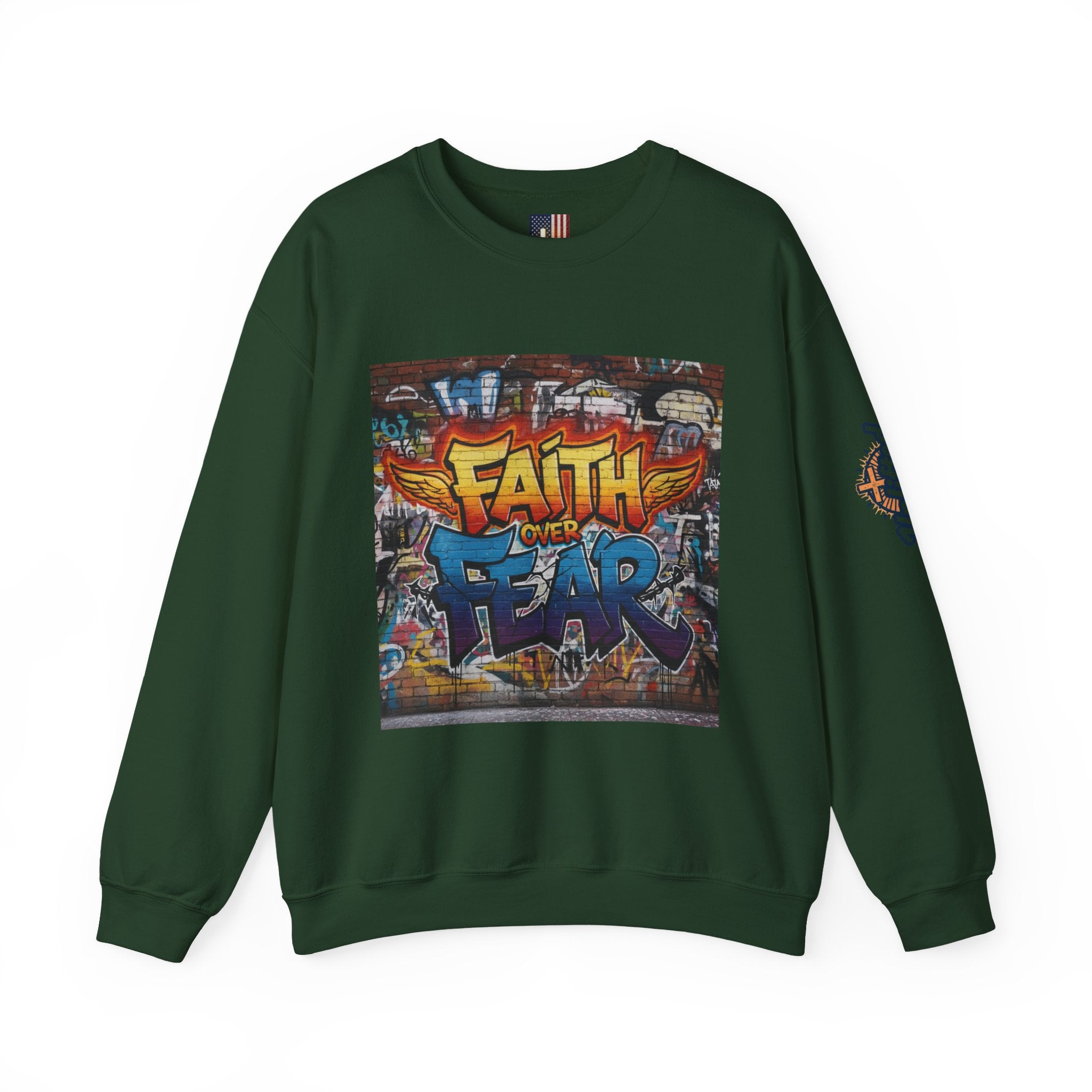 Faith Over Fear Sweatshirt – Graffiti Wall Christian Sweatshirt for Bold 2 Corinthians 5:7 Streetwear & Unshakable Faith Printify