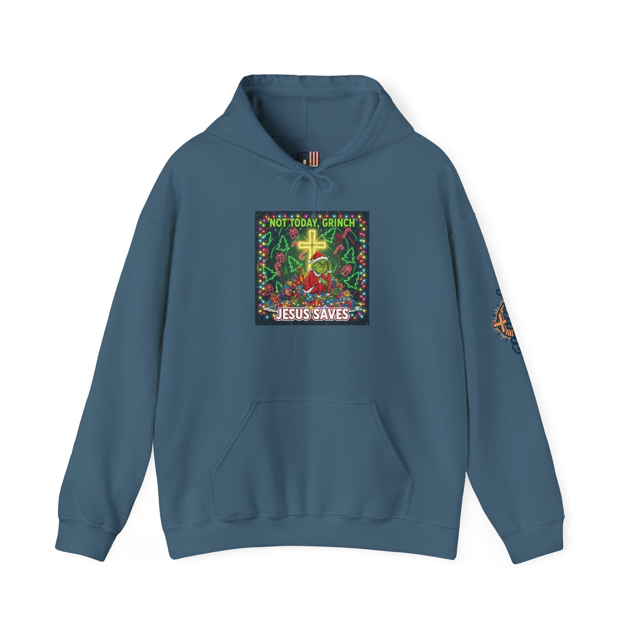 🎄 Not Today, Grinch – Jesus Saves | Funny Christian Christmas Hoodie | Festive Green & Red Cartoon Style | Bold Faith Holiday Tee by Uplifted Gear Printify