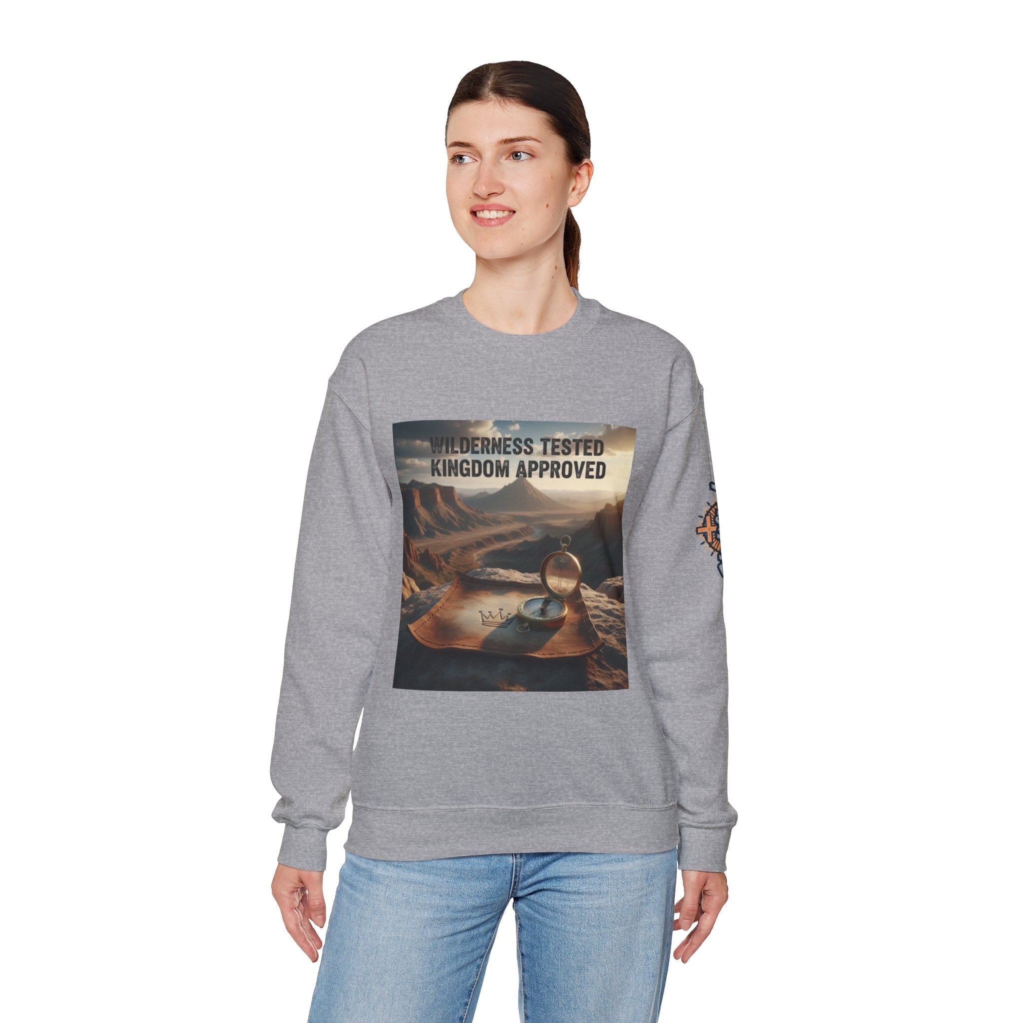 Wilderness Tested Kingdom Approved Sweatshirt – Mountain Desert Compass Crown Christian Sweatshirt for Biblical Adventure Faith Printify
