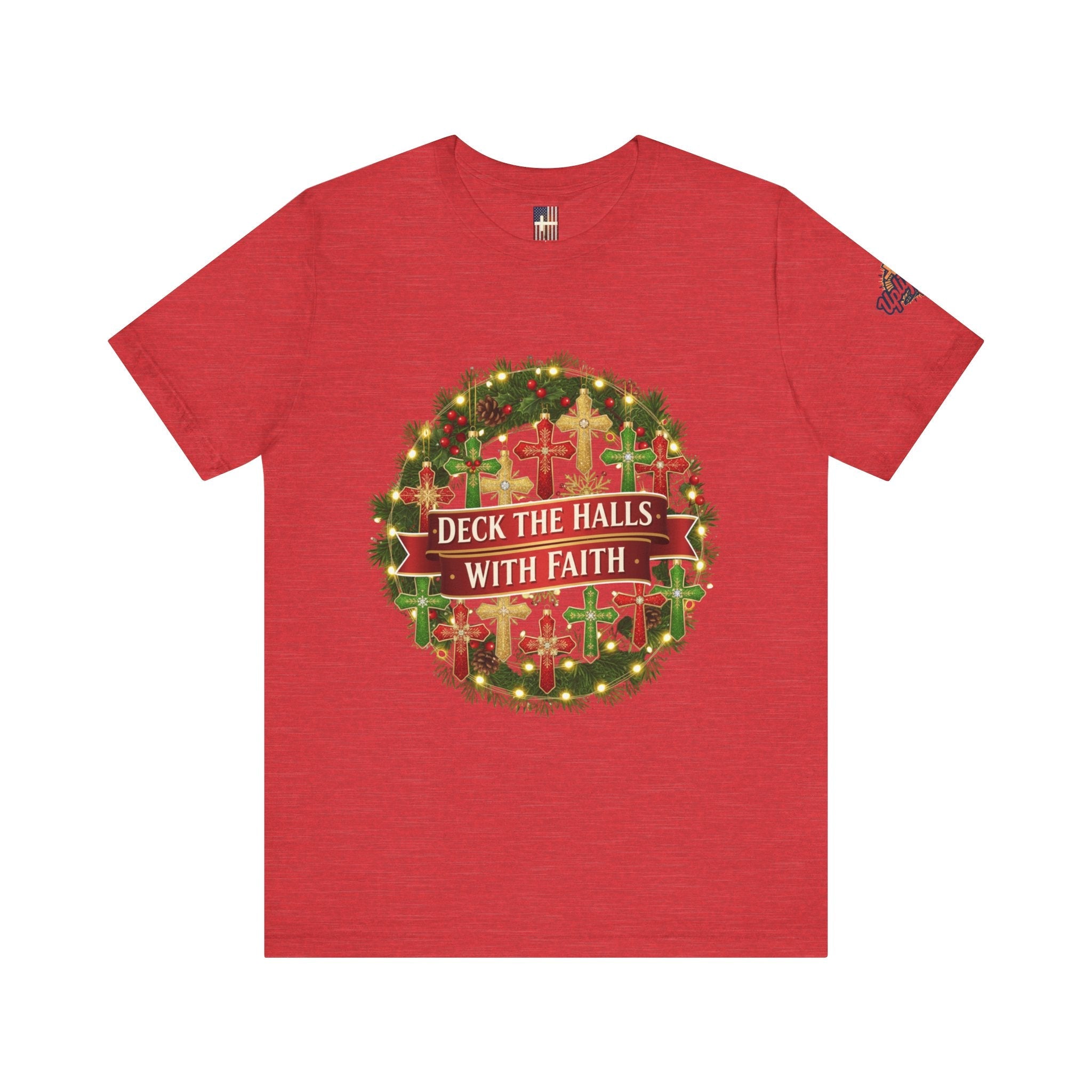 🎄 Deck the Halls with Faith – Christian Christmas T-Shirt | Cross Ornament Design & Festive Garland | Bold Holiday Faith Tee by Uplifted Gear Printify
