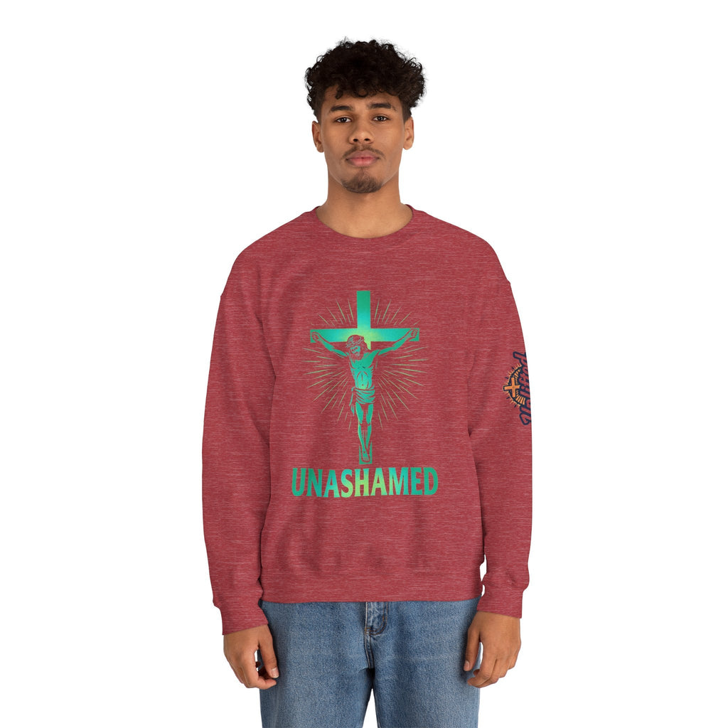 Unashamed Sweatshirt – Romans 1:16 Crucifixion Christian Sweatshirt for Bold Unwavering Faith Printify