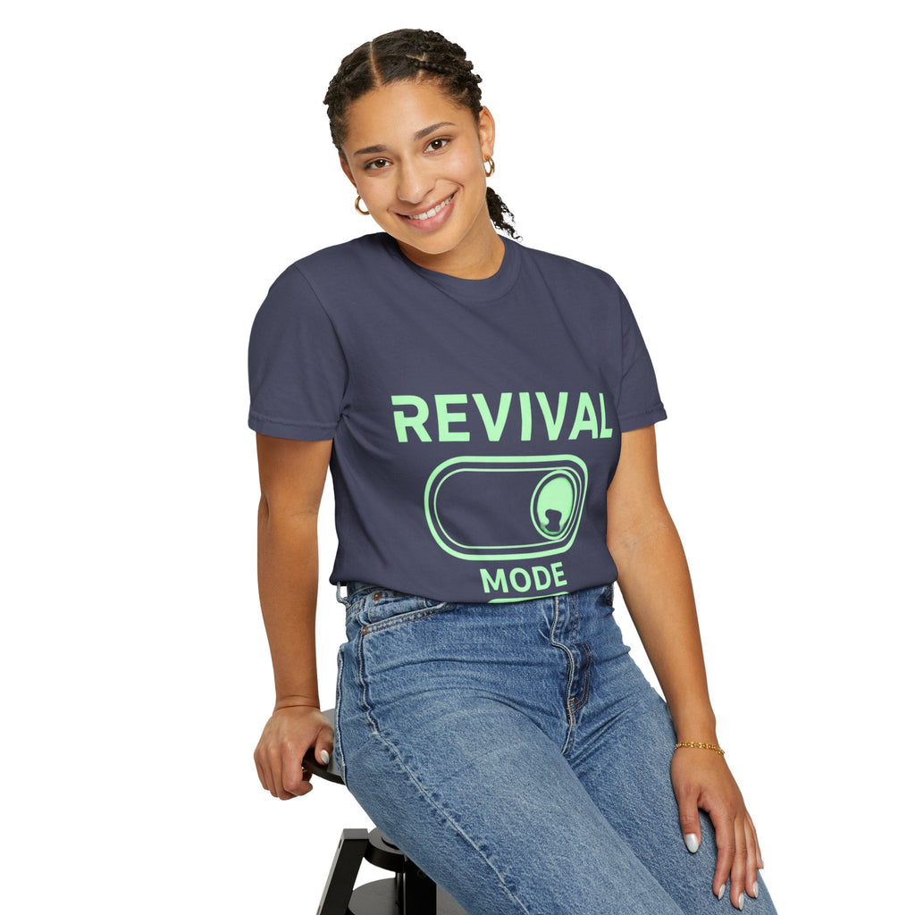 🔥 Revival Mode: ON – Christian Techwear T-Shirt | Glowing Green Faith Switch | Futuristic Jesus Shirt | Activate Your Spiritual Awakening | Uplifted Gear Printify