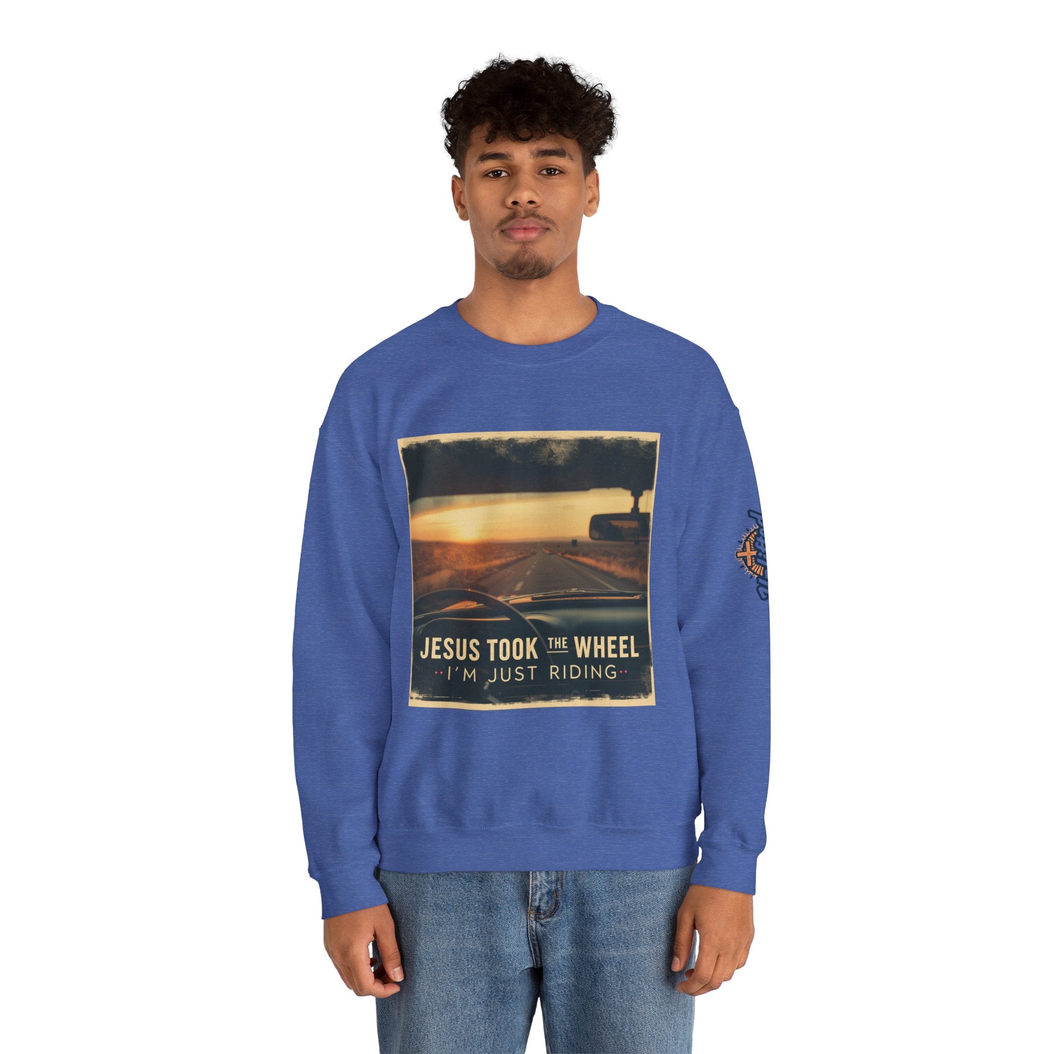 Jesus Took the Wheel I'm Just Riding Sweatshirt – Funny Christian Convertible Car Sweatshirt for Surrendered Faith & Humor