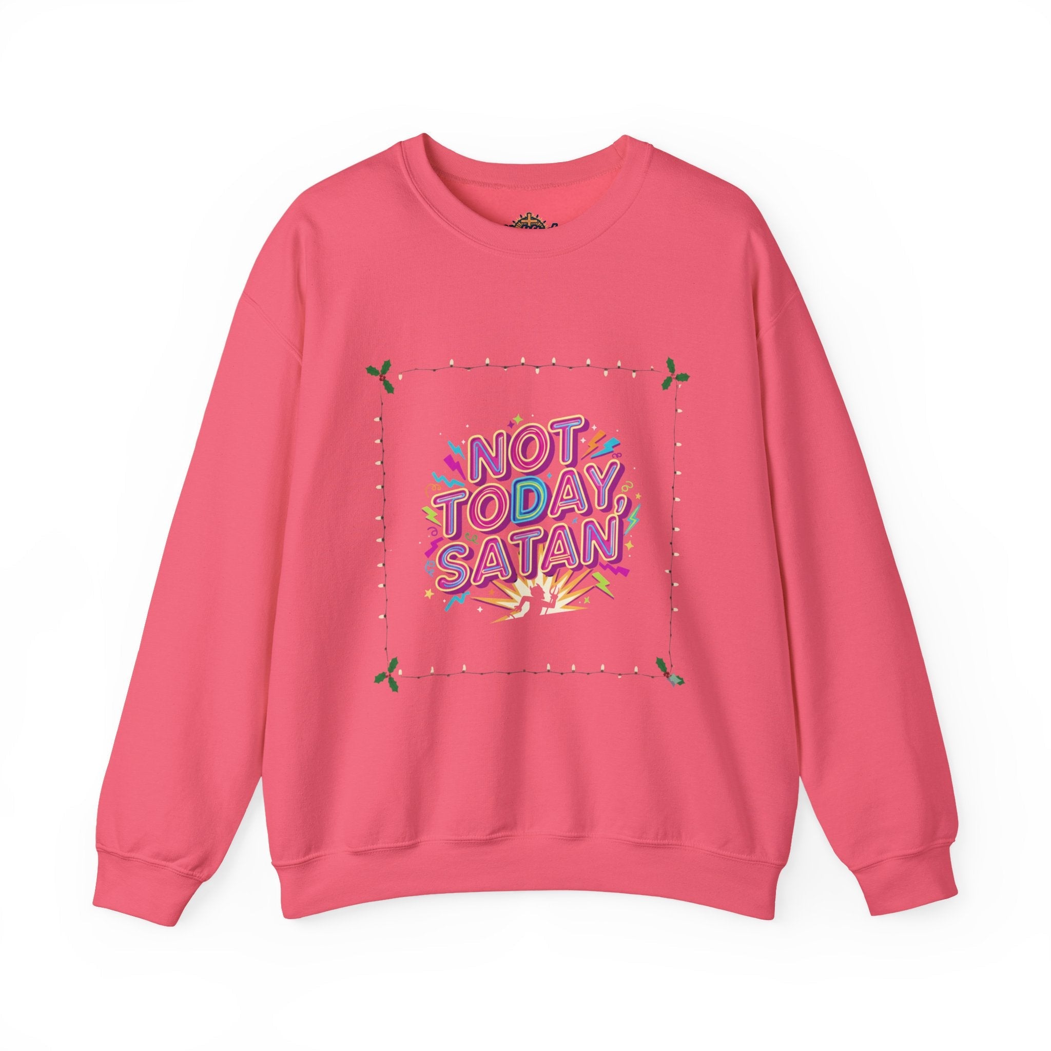 🔥 Not Today, Satan – Retro 90s Christian Sweatshirt | Neon Faith Tee | Funky Cartoon Devil | Bold Bible Verse Shirt | Uplifted Gear Printify