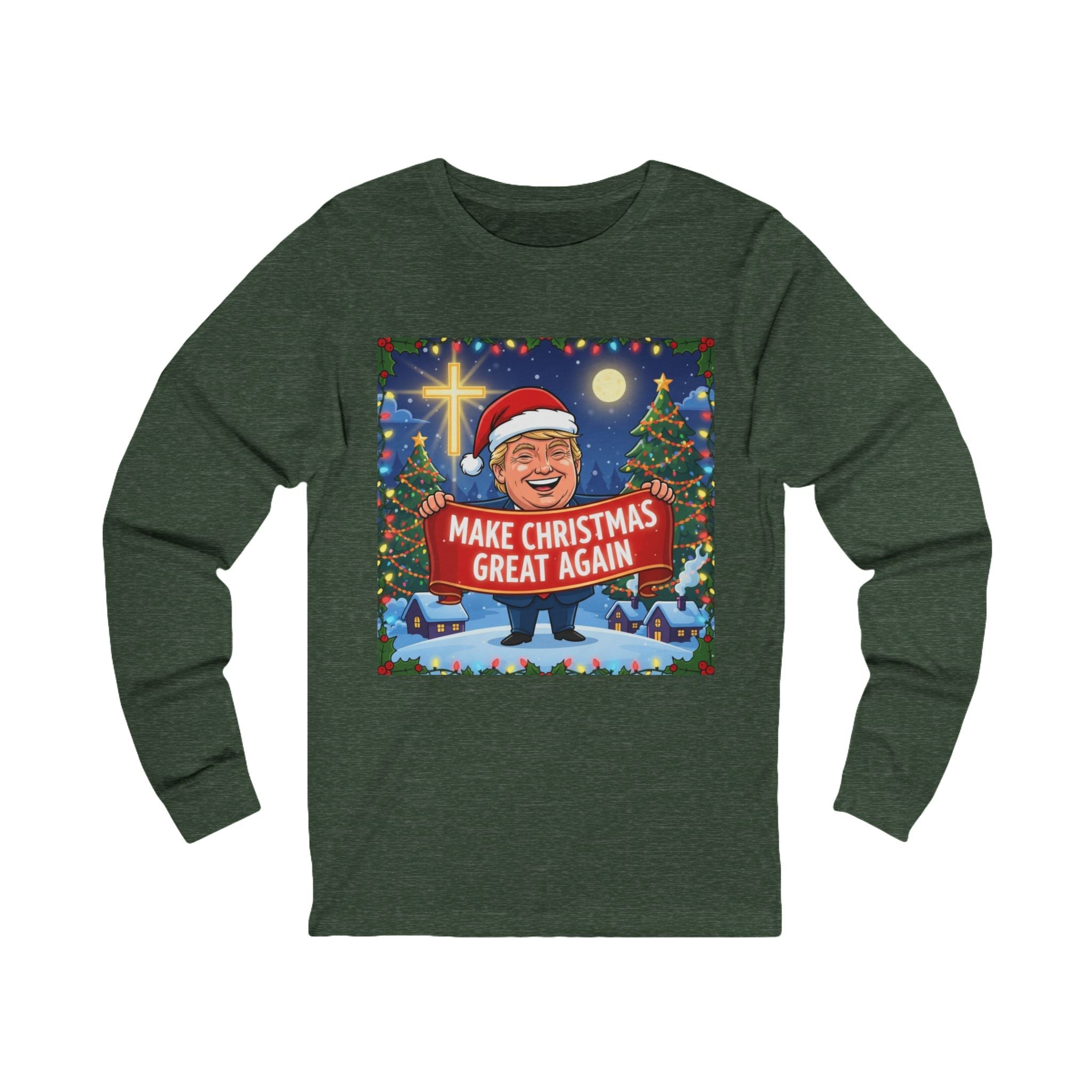 🎄 Make Christmas Great Again – Patriotic Christian Christmas Long Sleeve Shirt | Bold Holiday Faith Tee | Red & White Banner Design | Uplifted Gear Printify