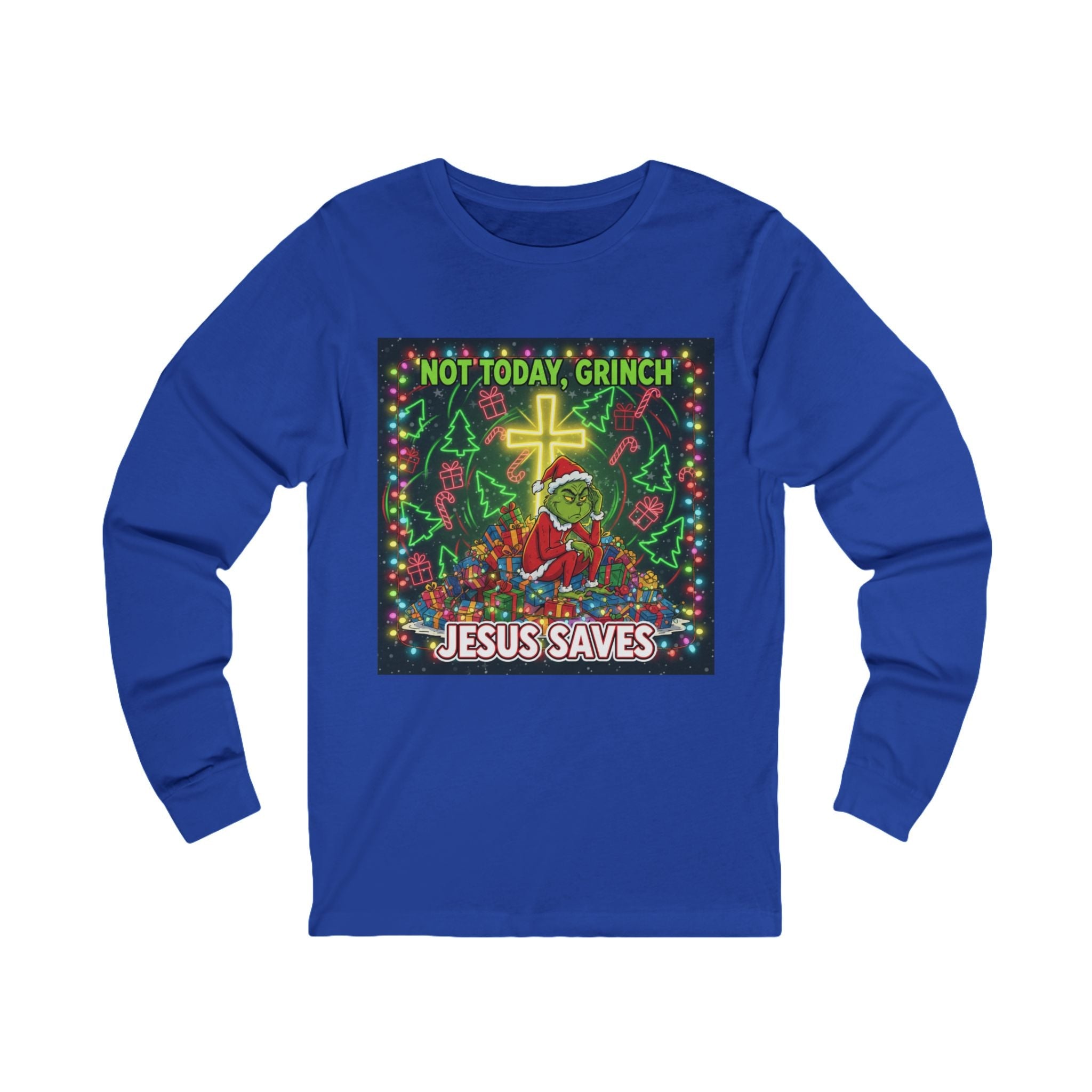 🎄 Not Today, Grinch – Jesus Saves | Funny Christian Christmas Long Sleeve Shirt | Festive Green & Red Cartoon Style | Bold Faith Holiday Tee by Uplifted Gear Printify