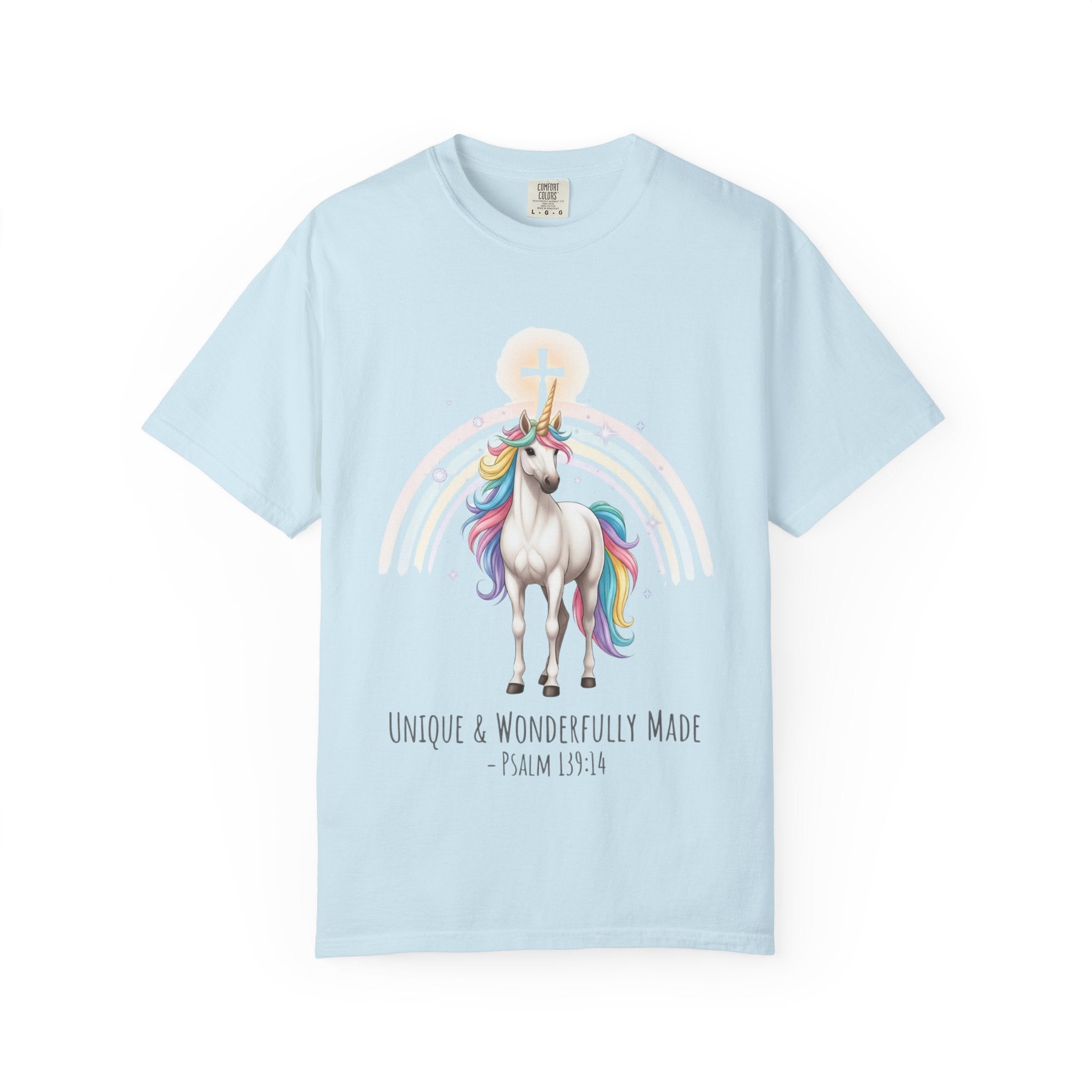 Unique Unicorn Christian T-Shirt – Wonderfully Made with Rainbow Cross & Psalm 139:14 Printify