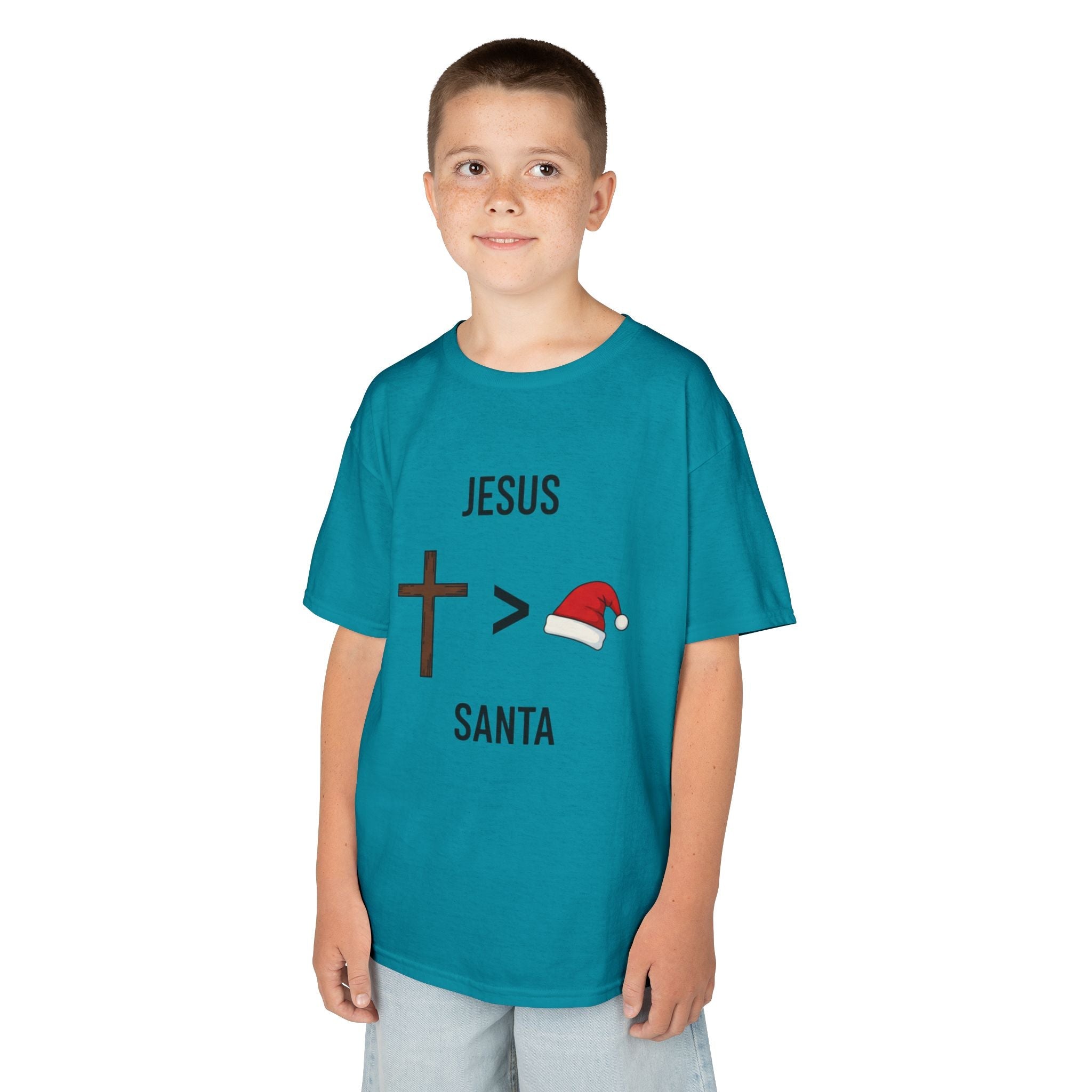 🎄 Jesus > Santa – Minimalist Christian Christmas Kids T-Shirt | Bold Faith Over Holiday Tee | Cross vs Santa Hat Design | Uplifted Gear Printify