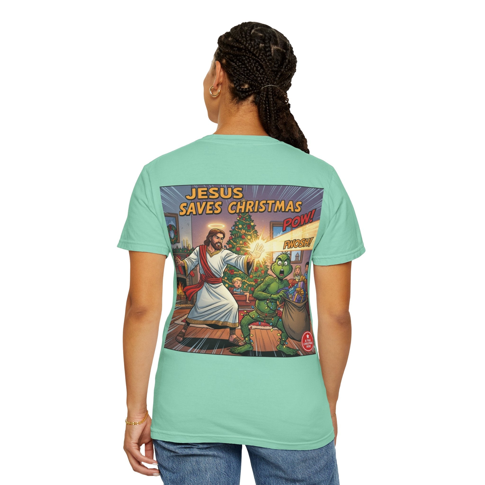 Jesus Saves Christmas T-shirt – Grinch vs Savior Light Battle Christian T-shirt for Hilarious Holiday Faith & True Joy Printify