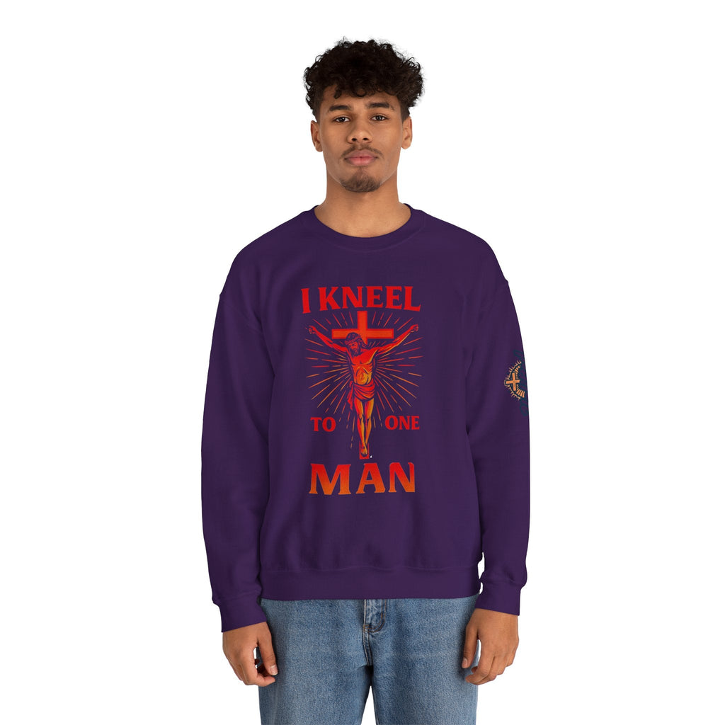 I Kneel to One Man Sweatshirt – Crucifixion Christian Sweatshirt for Unashamed Devotion & Bold Faith Printify