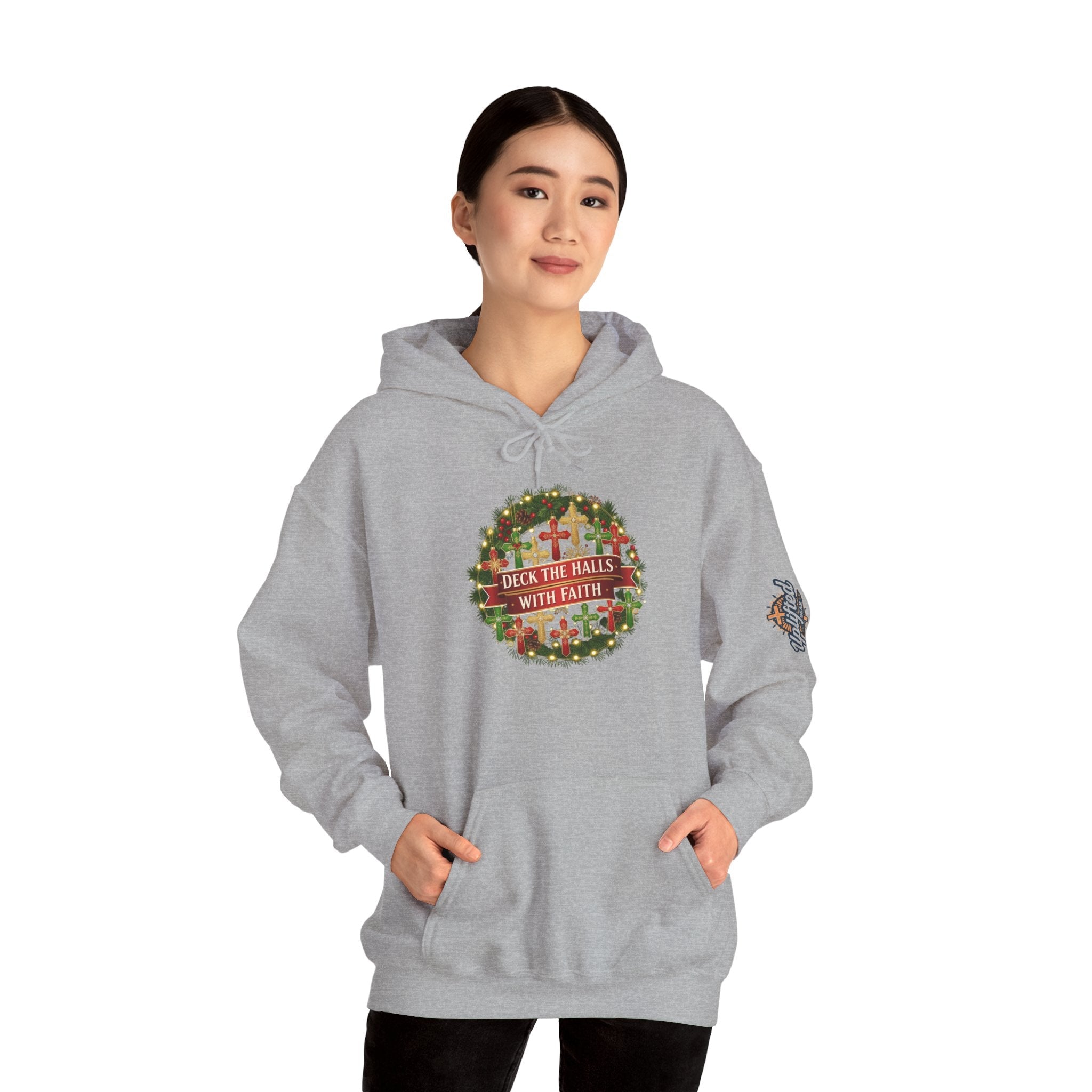 🎄 Deck the Halls with Faith – Christian Christmas Hoodie | Cross Ornament Design & Festive Garland | Bold Holiday Faith Tee by Uplifted Gear Printify