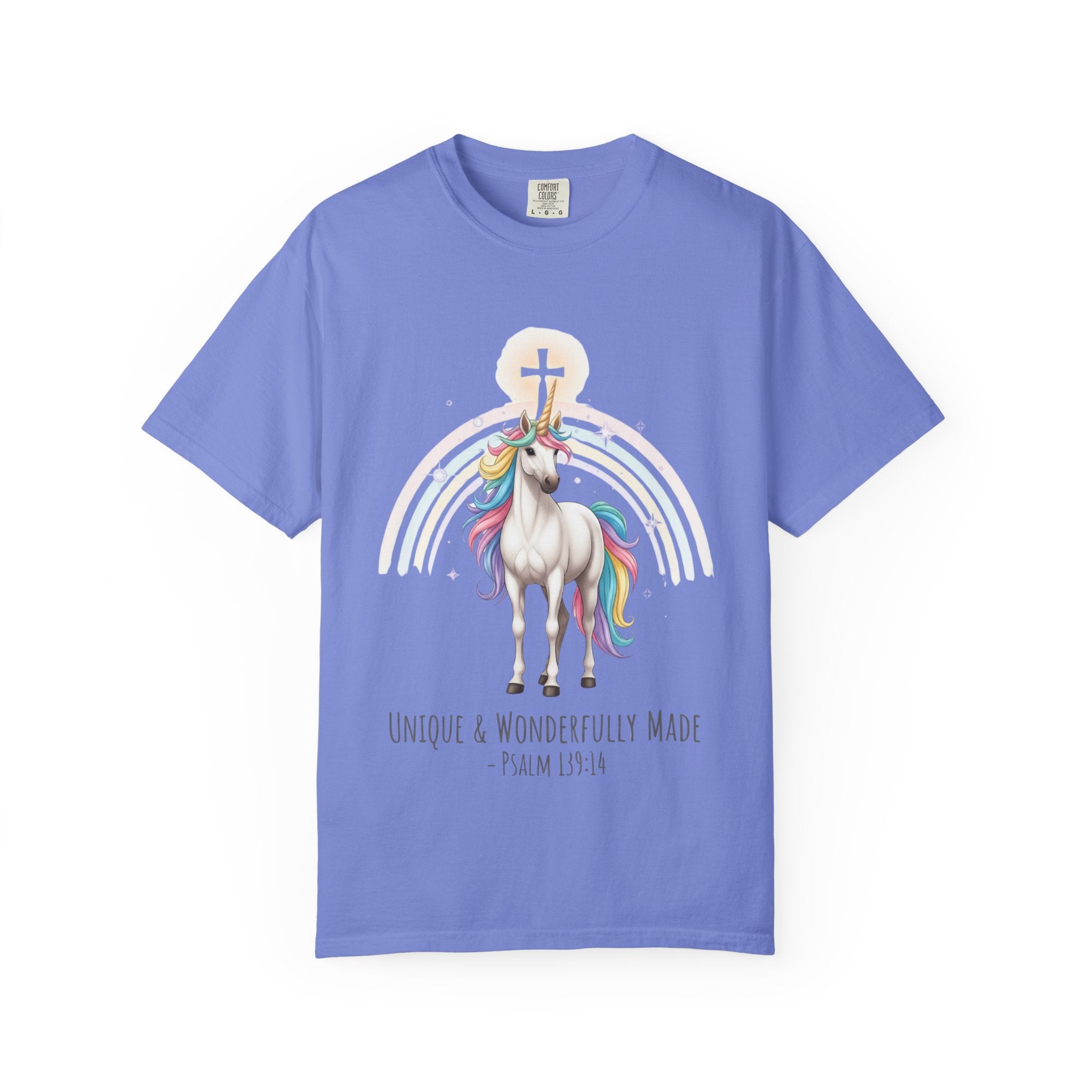 Unique Unicorn Christian T-Shirt – Wonderfully Made with Rainbow Cross & Psalm 139:14 Printify