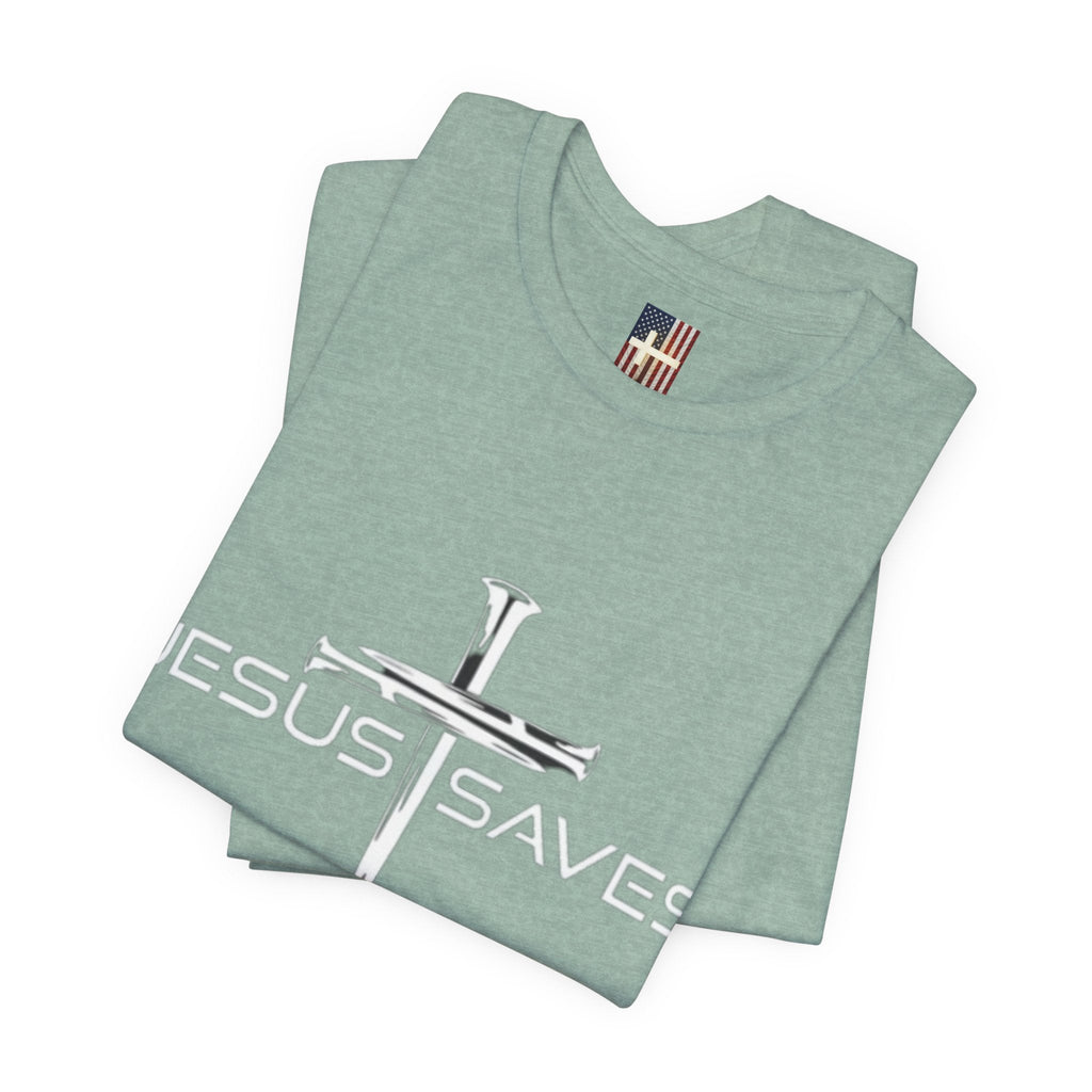 Jesus Saves T-shirt – 3 Nails Crucifix Cross Christian T-shirt for Redemption Faith & Bold Salvation Printify