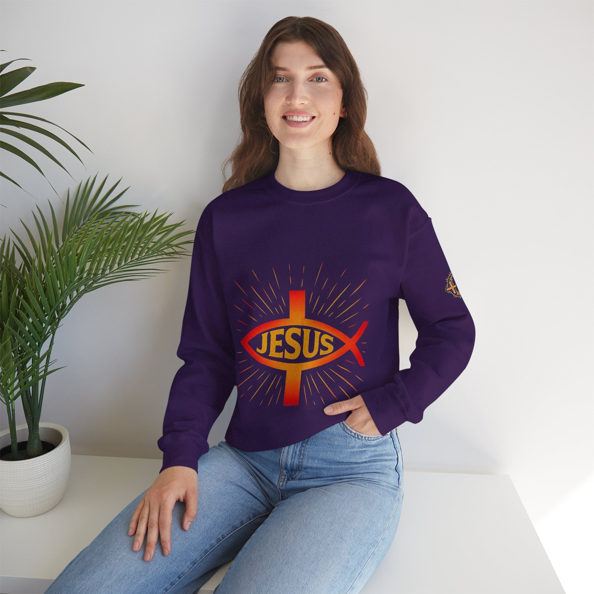 Jesus Ichthys Sweatshirt – Christian Fish Symbol with Cross & Jesus Inscription Sweatshirt for Eternal Faith & Streetwear Printify