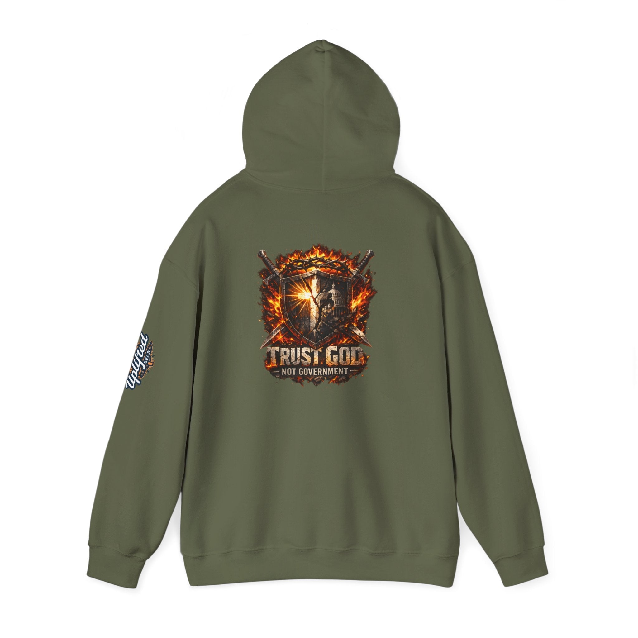 Trust God Not Government Shield Hoodie — Patriotic Christian Faith Hoodie Printify