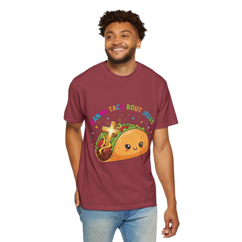 Wanna Taco 'Bout Jesus? Funny Christian Pun T-Shirt – Lettuce Pray & Share Faith! Printify