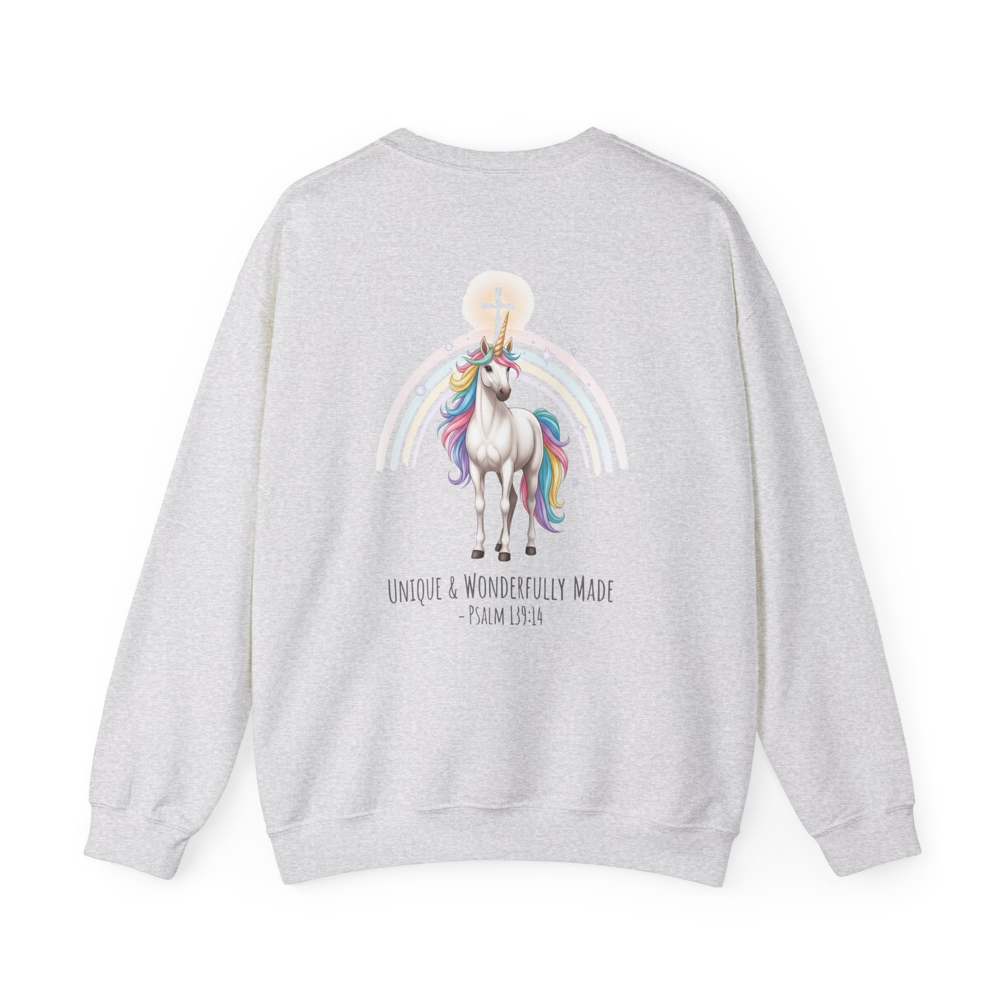Unique Unicorn Sweatshirt – Rainbow Cross Psalm 139:14 Christian Sweatshirt for Wonderfully Made Printify