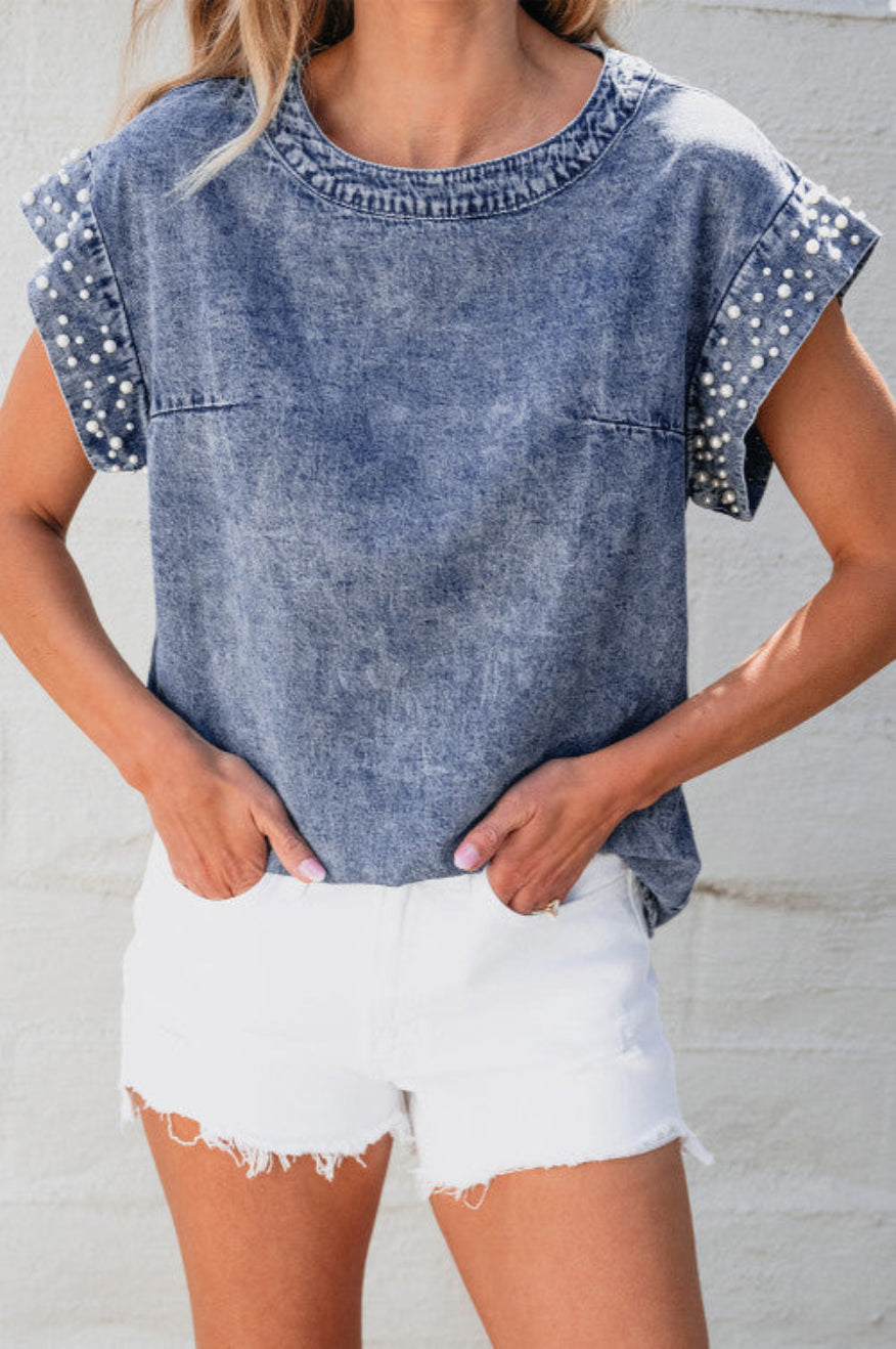 Pearl Embellished Denim Top Pretty Little Patriot