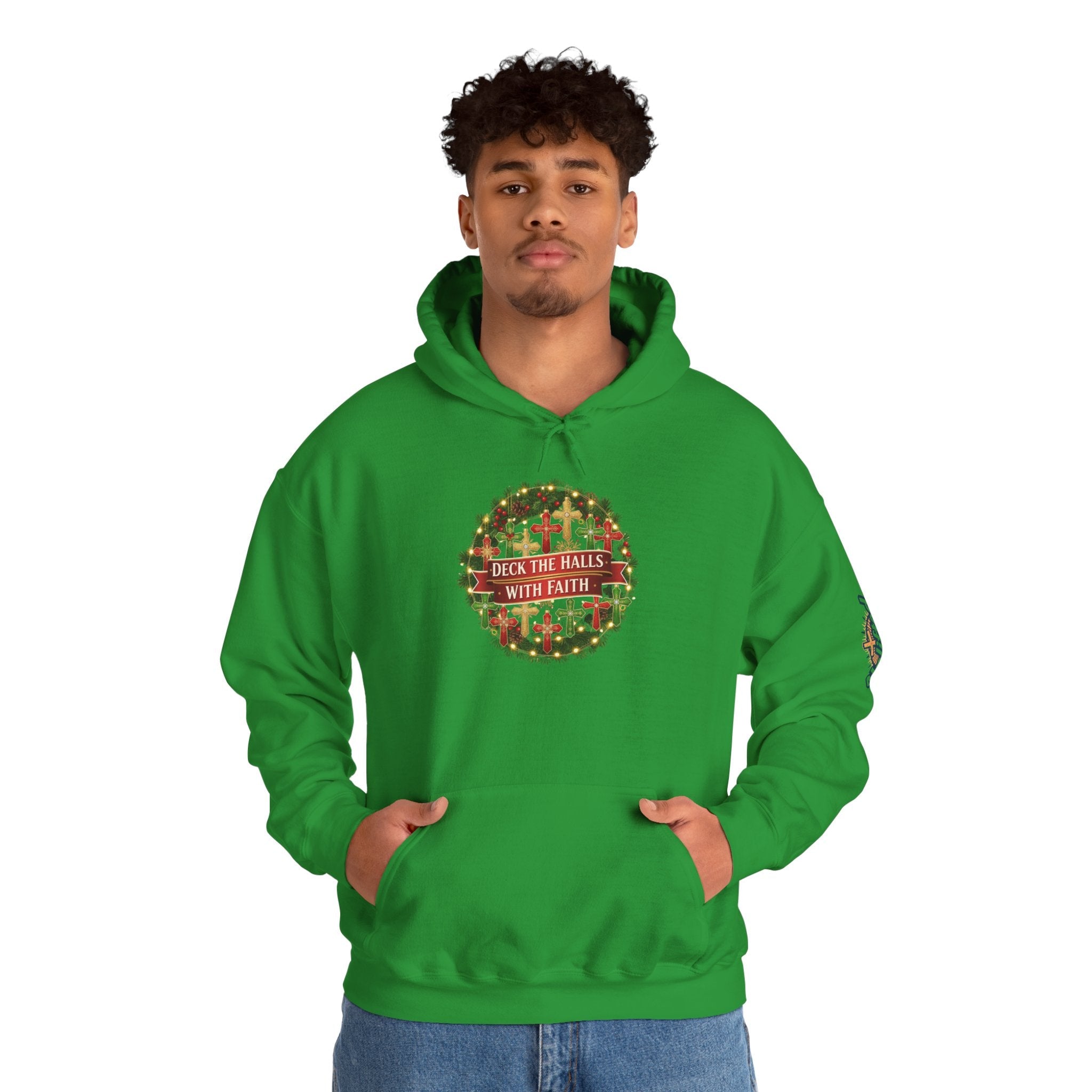 🎄 Deck the Halls with Faith – Christian Christmas Hoodie | Cross Ornament Design & Festive Garland | Bold Holiday Faith Tee by Uplifted Gear Printify