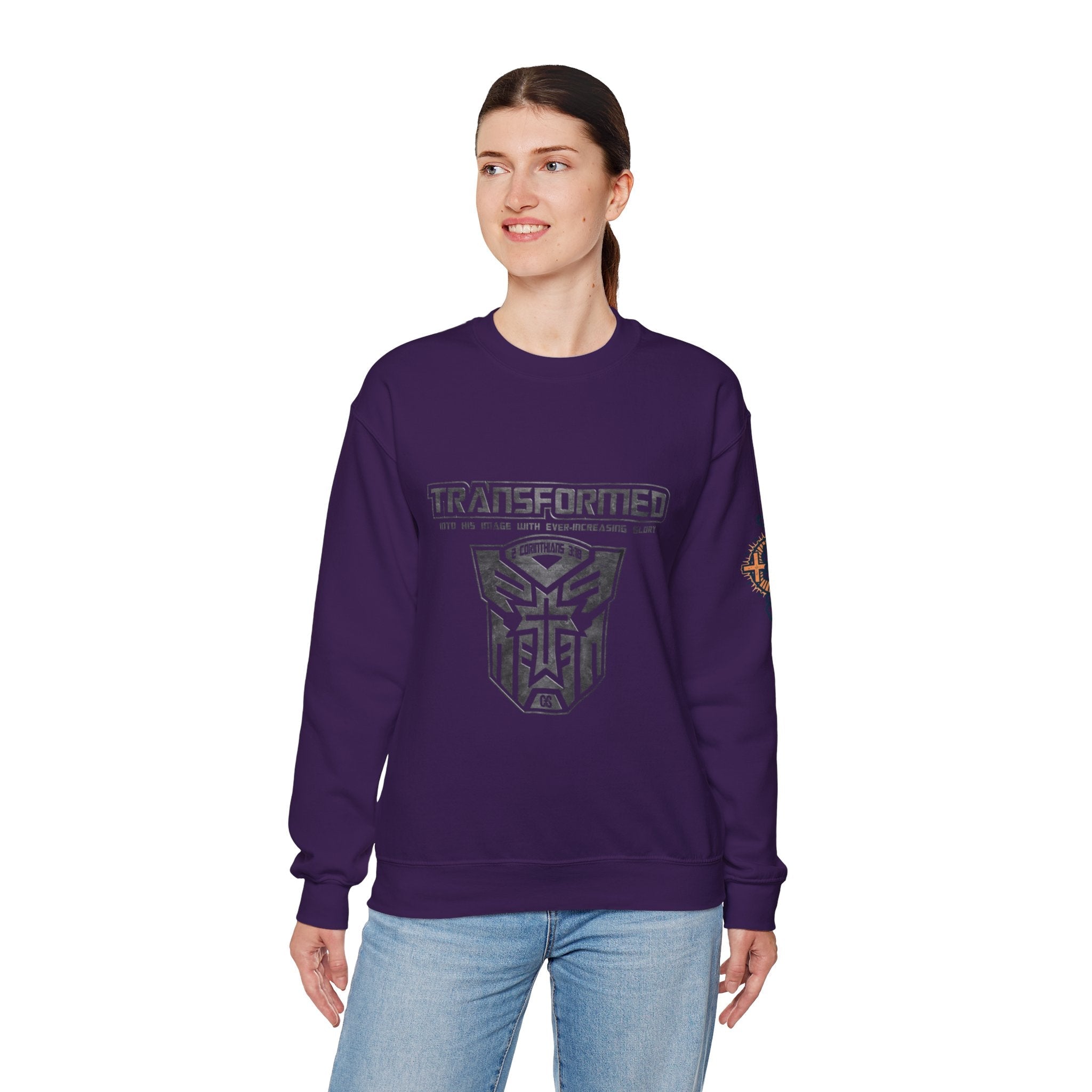 Transformer Logo Christian Sweatshirt | 2 Corinthians 3:18 Bible Verse Sweatshirt Printify