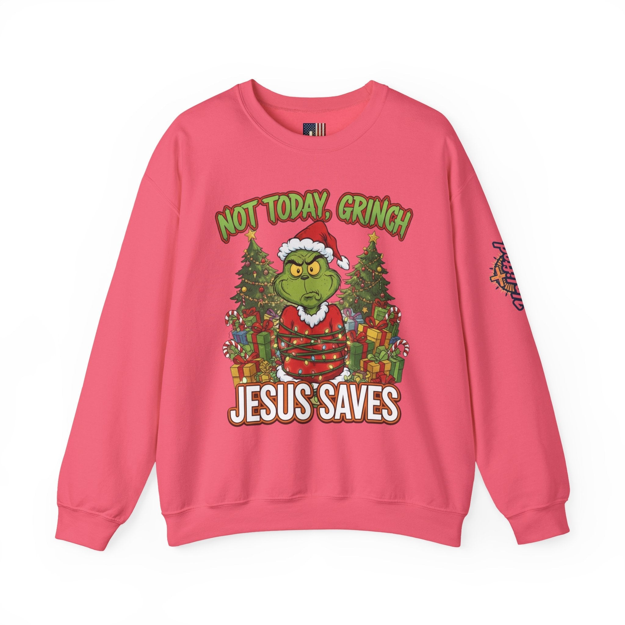 🎄 Not Today, Grinch – Jesus Saves | Funny Christian Christmas Sweatshirt | Sulking Grinch & Glowing Cross | Bold Neon Faith Tee by Uplifted Gear Printify