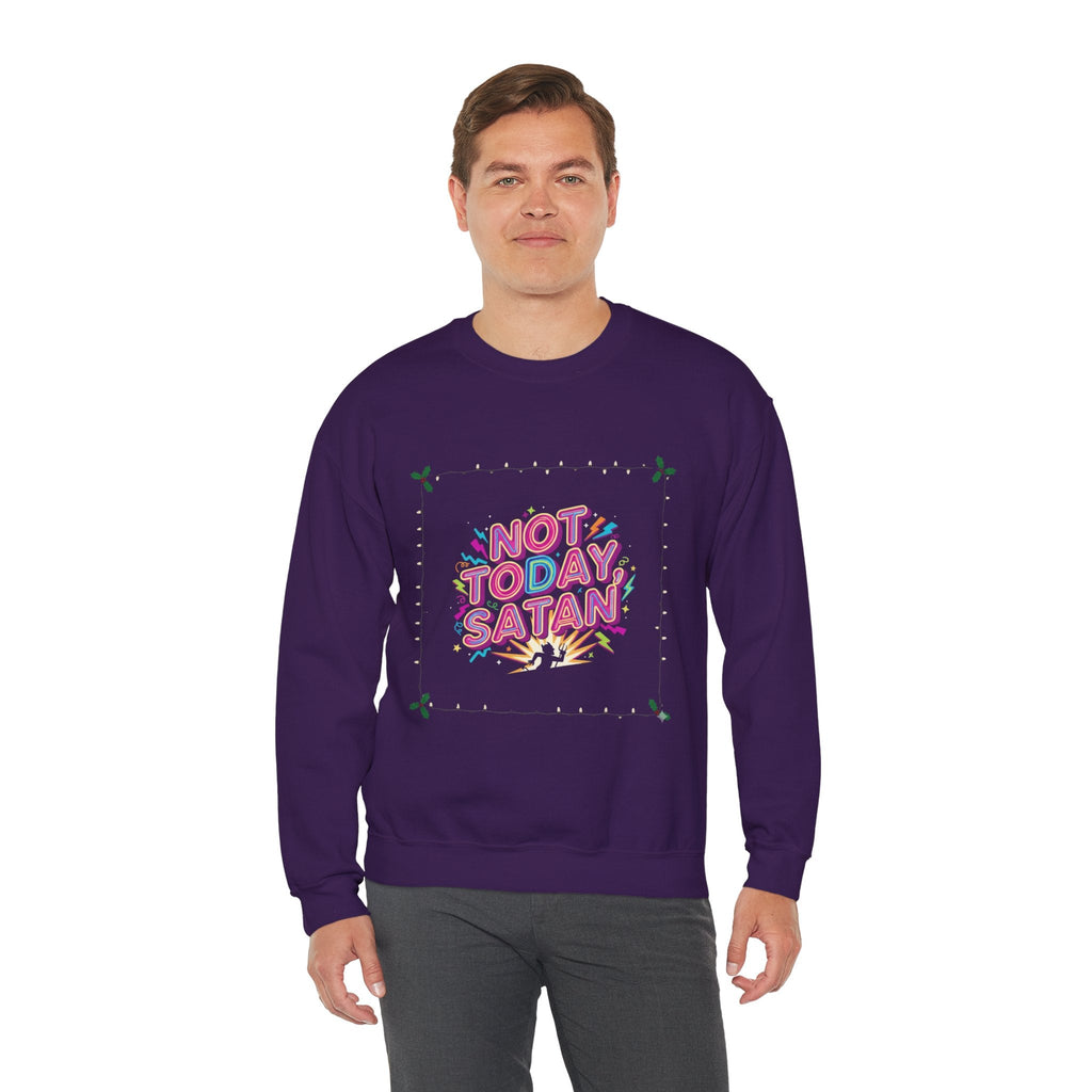 🔥 Not Today, Satan – Retro 90s Christian Sweatshirt | Neon Faith Tee | Funky Cartoon Devil | Bold Bible Verse Shirt | Uplifted Gear Printify