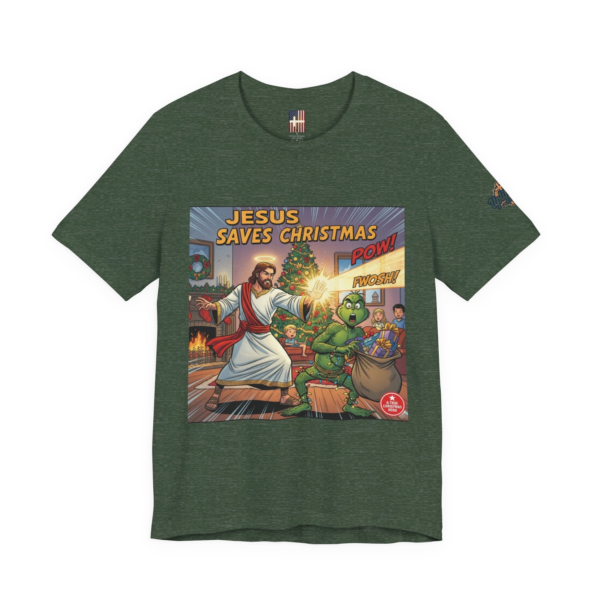 Jesus Saves Christmas T-shirt – Grinch vs Savior Light Battle Christian T-shirt for Hilarious Holiday Faith & True Joy Printify