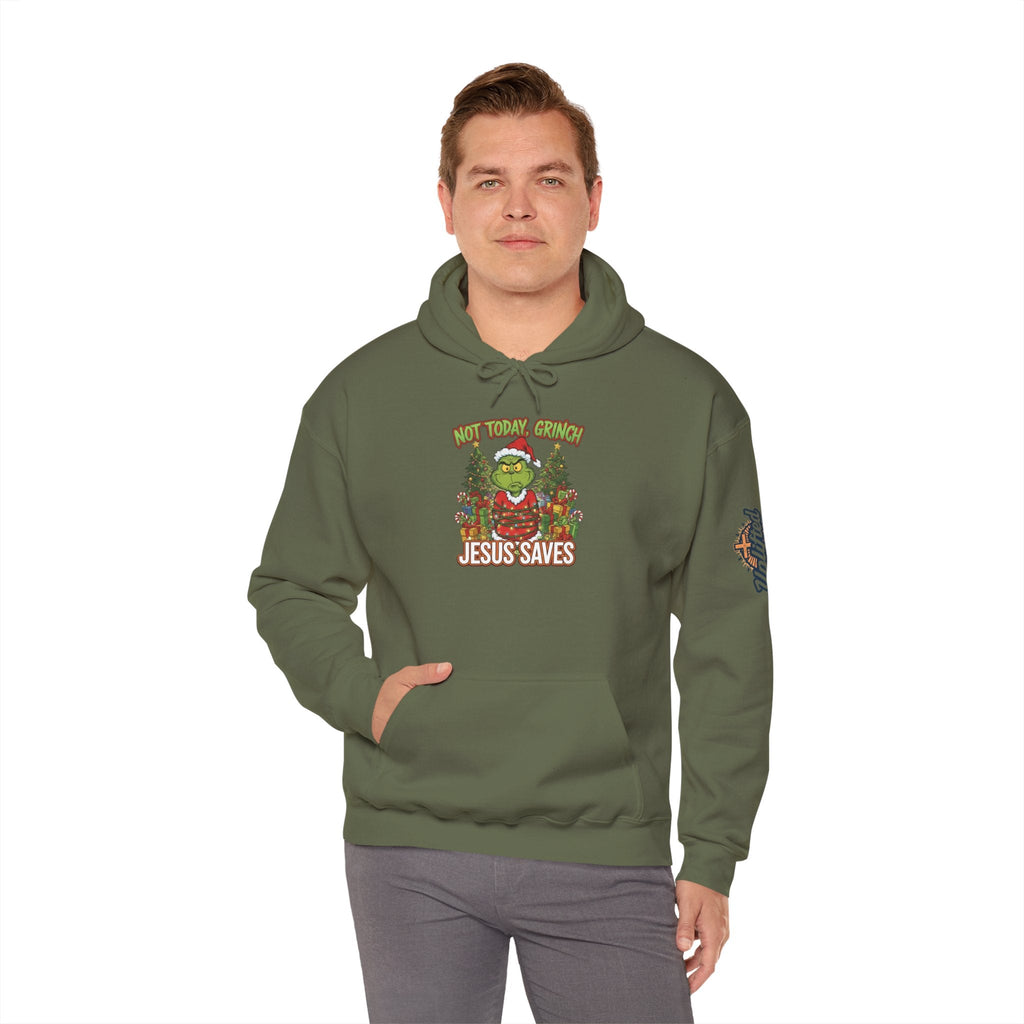 🎄 Not Today, Grinch – Jesus Saves | Funny Christian Christmas Hoodie | Sulking Grinch & Glowing Cross | Bold Neon Faith Tee by Uplifted Gear Printify