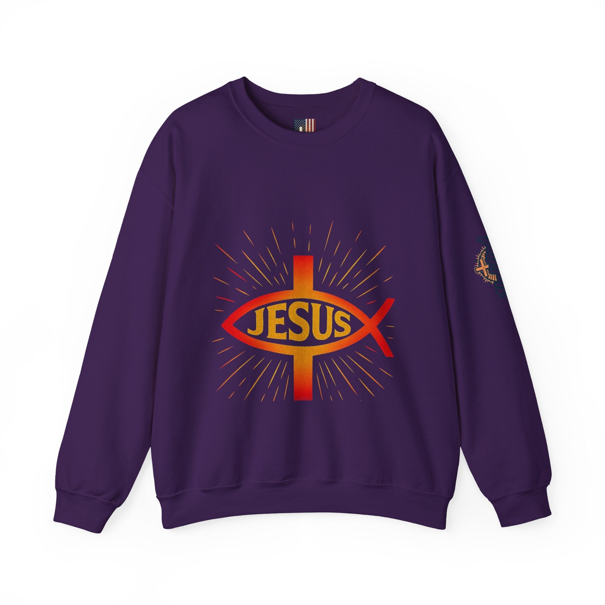 Jesus Ichthys Sweatshirt – Christian Fish Symbol with Cross & Jesus Inscription Sweatshirt for Eternal Faith & Streetwear Printify