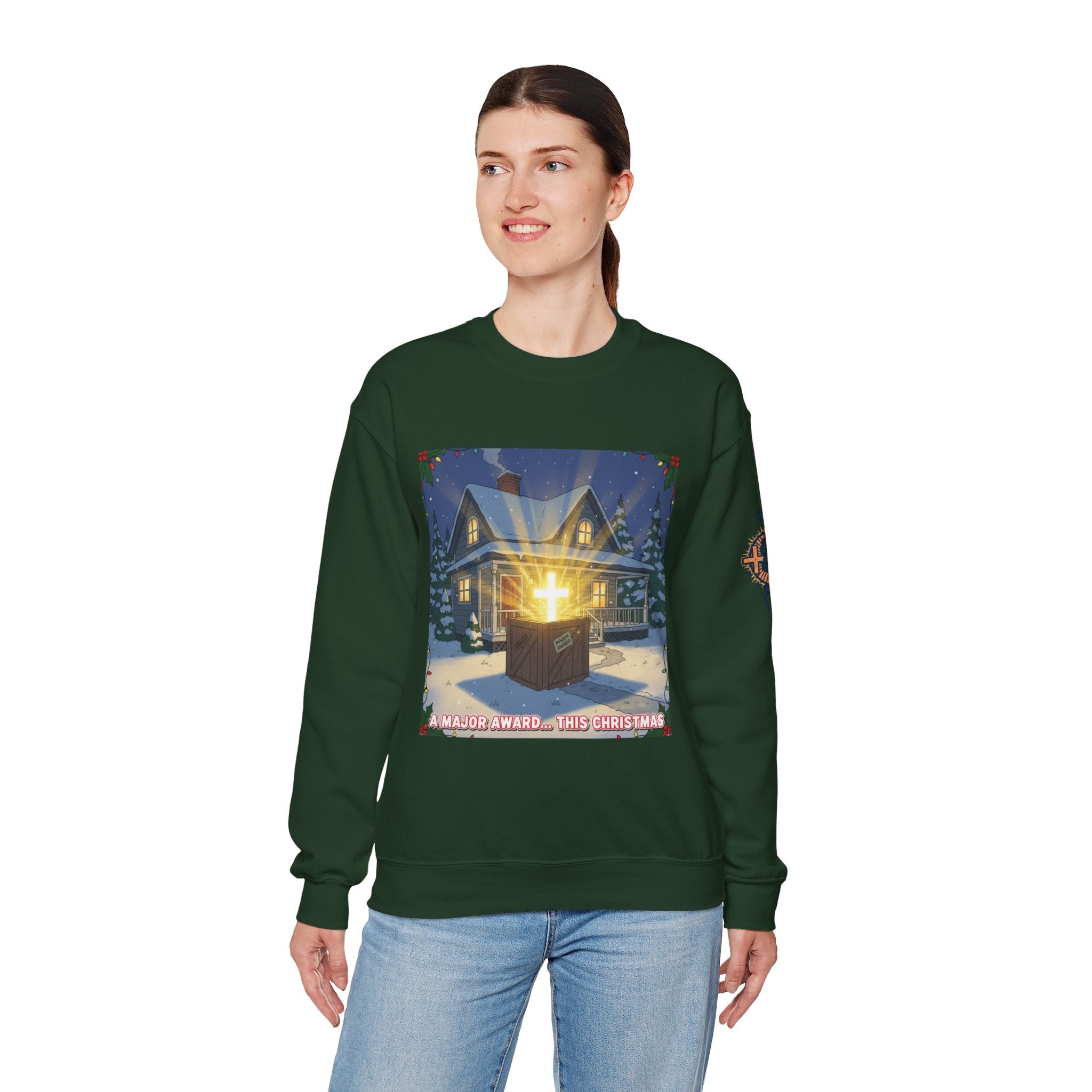 A Major Award This Christmas Sweatshirt – Fragile Leg Lamp Parody Cross Unboxing Christian Sweatshirt for Hilarious Faith & Holiday Glow Printify