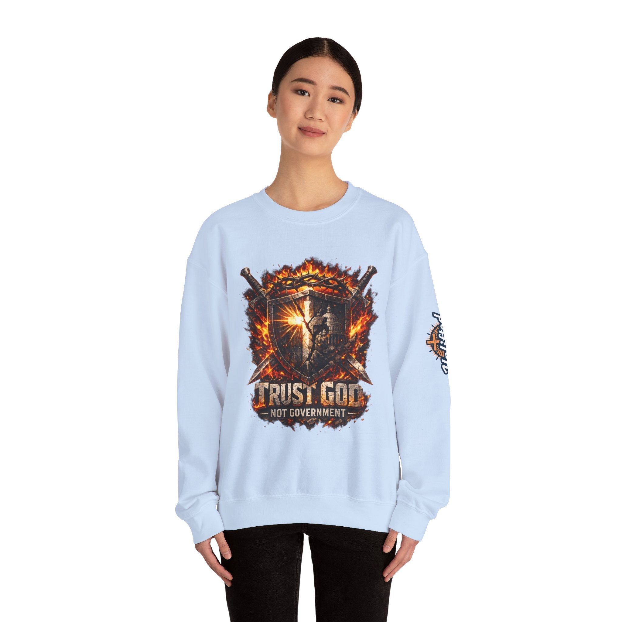 Trust God Not Government Shield Sweatshirt — Patriotic Christian Faith Sweatshirt Printify
