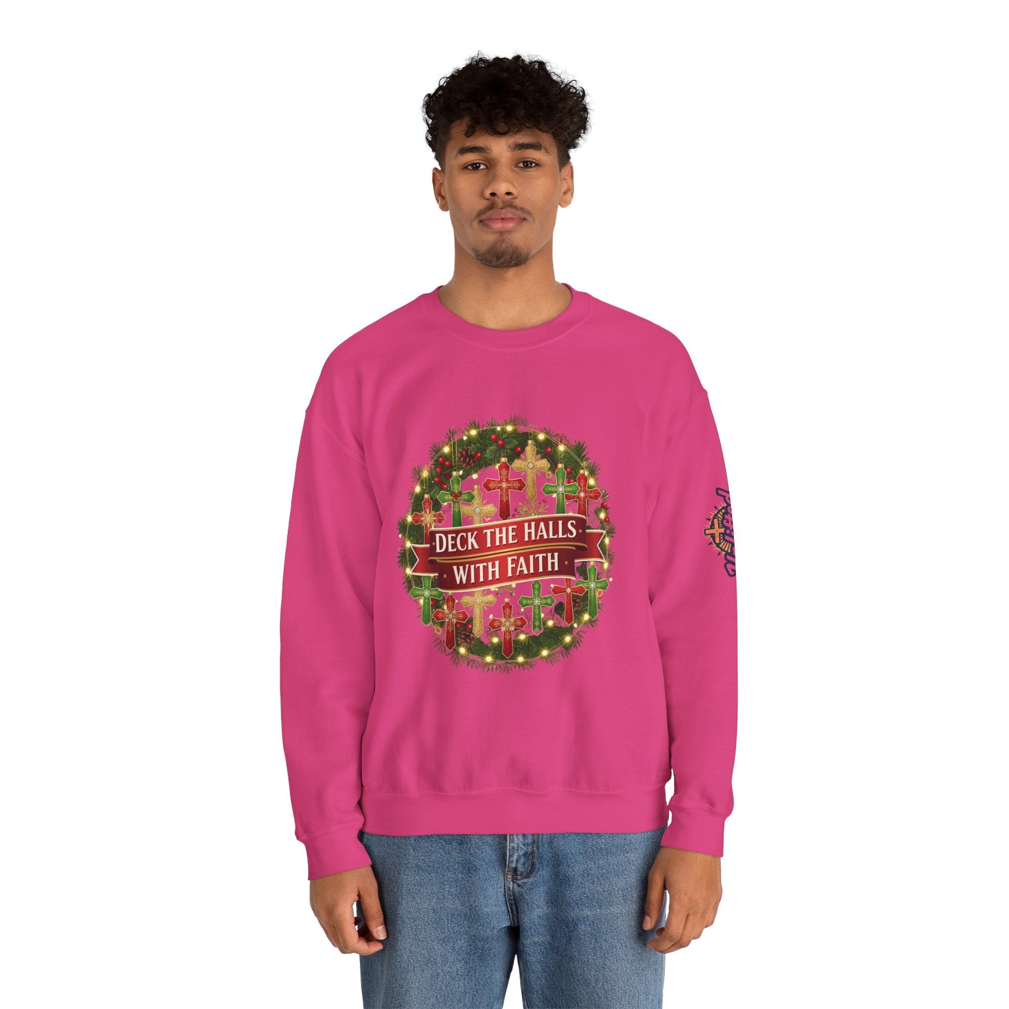 🎄 Deck the Halls with Faith – Christian Christmas Sweatshirt | Cross Ornament Design & Festive Garland | Bold Holiday Faith Tee by Uplifted Gear Printify