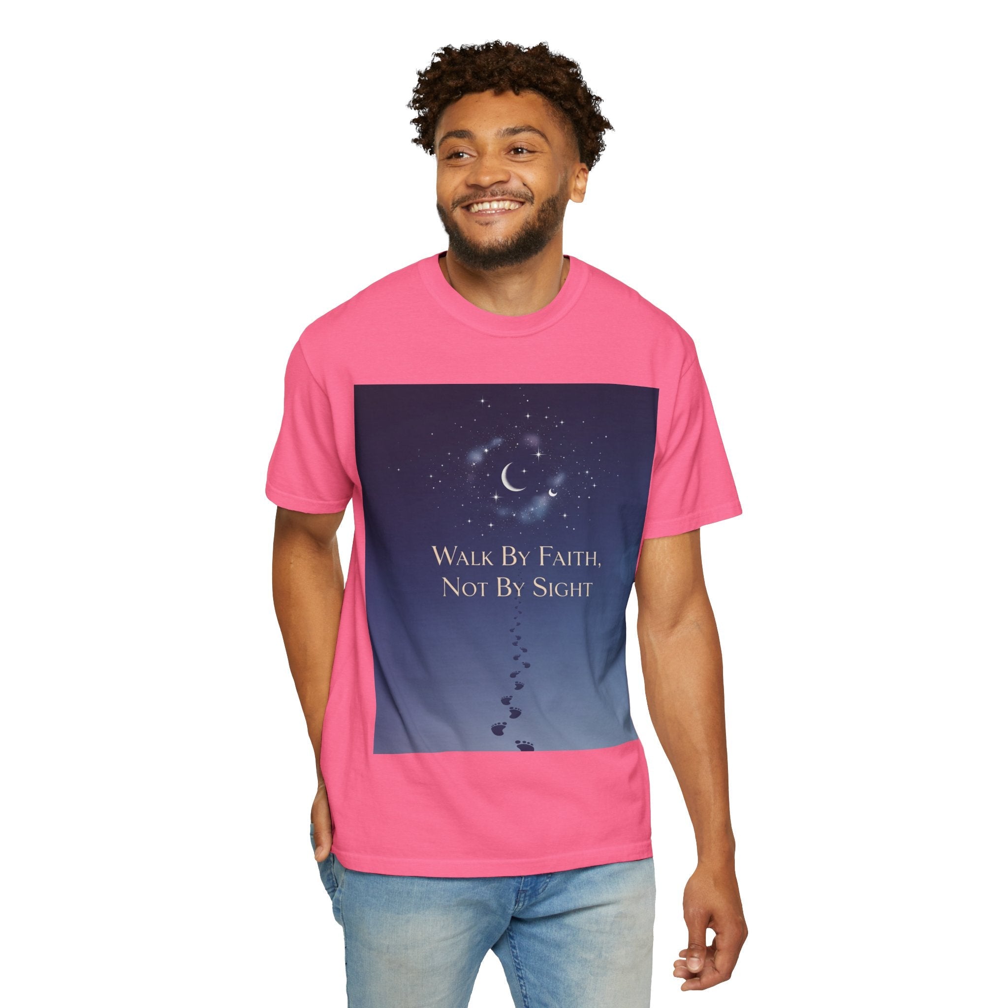 Walk by Faith, Not by Sight T-Shirt – Footprints in the Sand Christian Moonlit Tee Printify