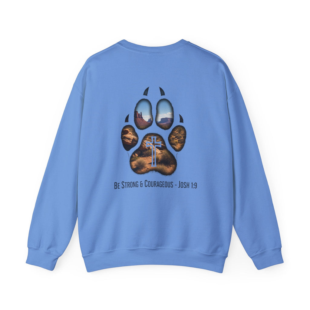 Strong and Courageous Sweatshirt – Joshua 1:9 Canine Pawprint Desert Christian Sweatshirt for Dog Lovers Printify