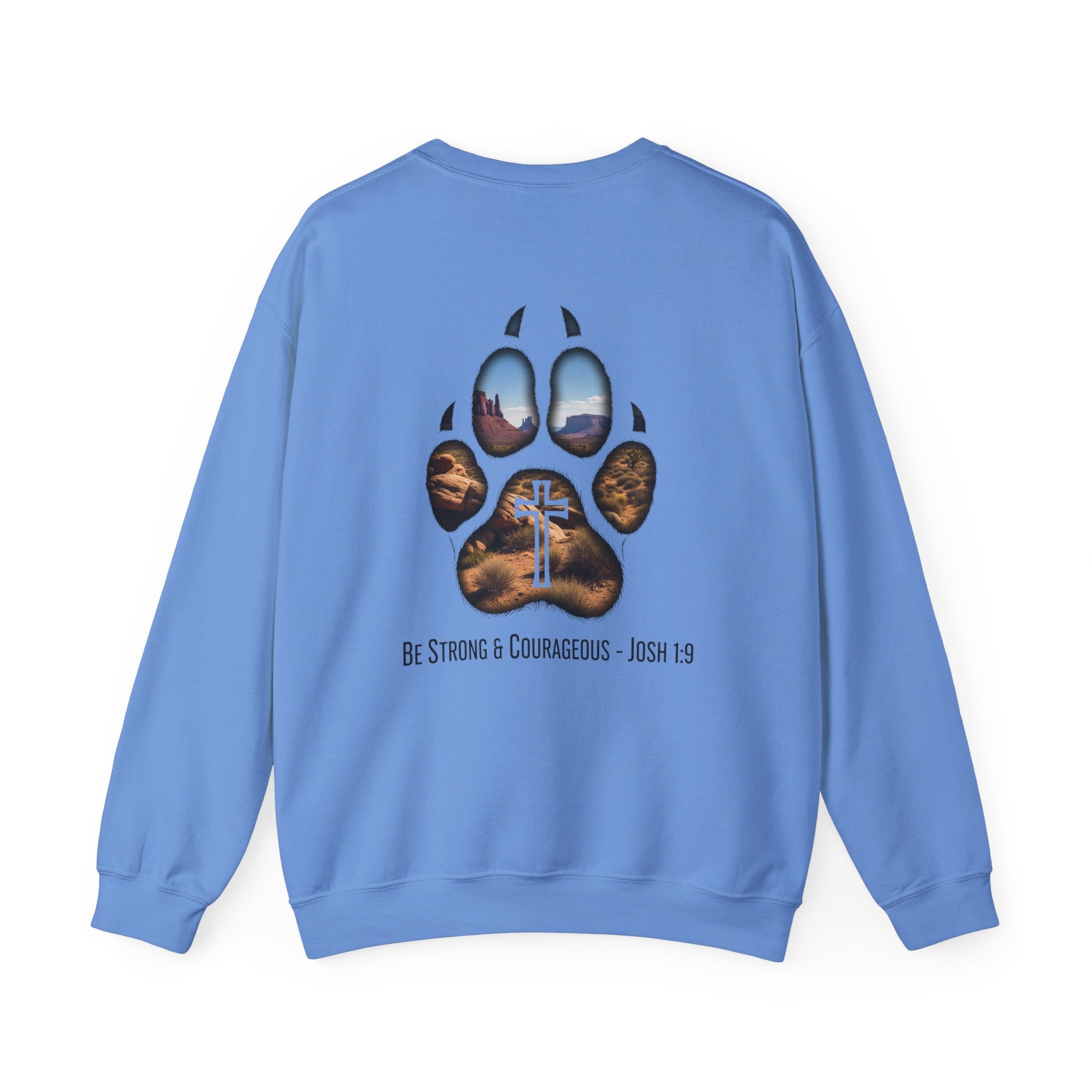Strong and Courageous Sweatshirt – Joshua 1:9 Canine Pawprint Desert Christian Sweatshirt for Dog Lovers Printify