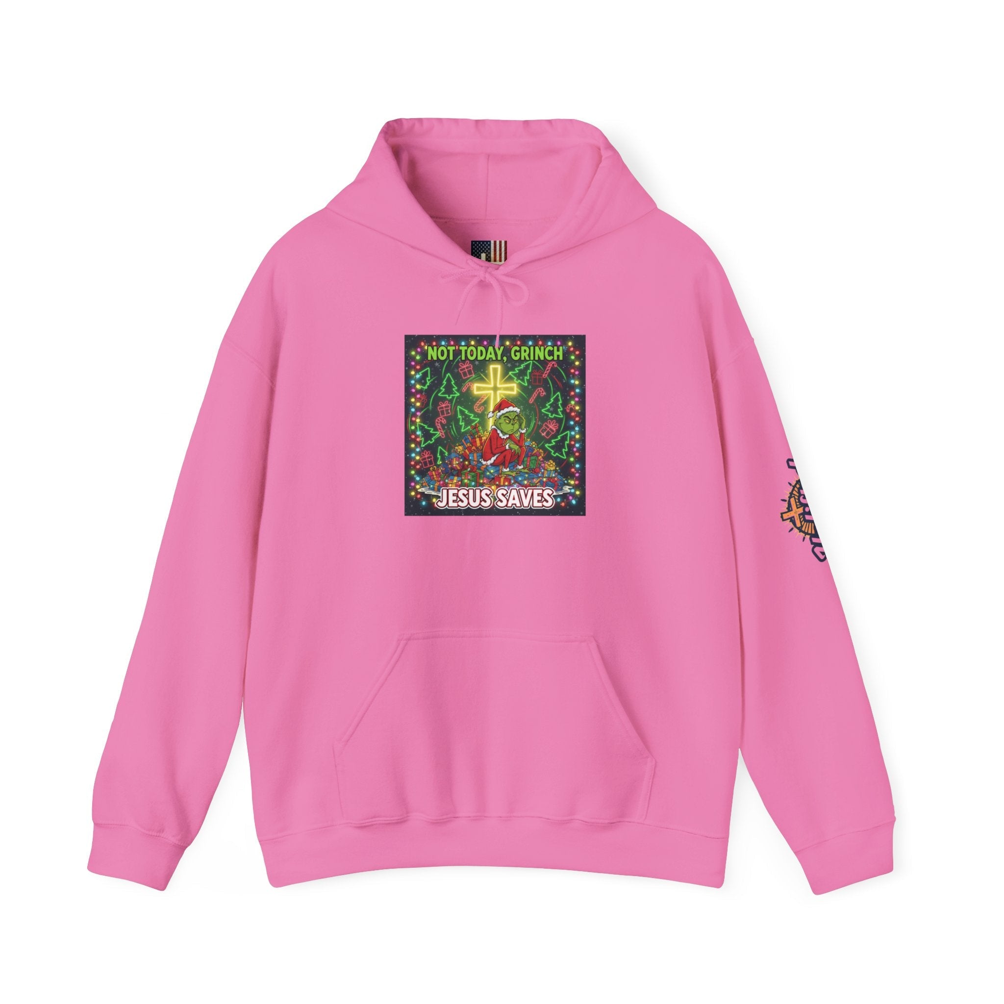 🎄 Not Today, Grinch – Jesus Saves | Funny Christian Christmas Hoodie | Festive Green & Red Cartoon Style | Bold Faith Holiday Tee by Uplifted Gear Printify