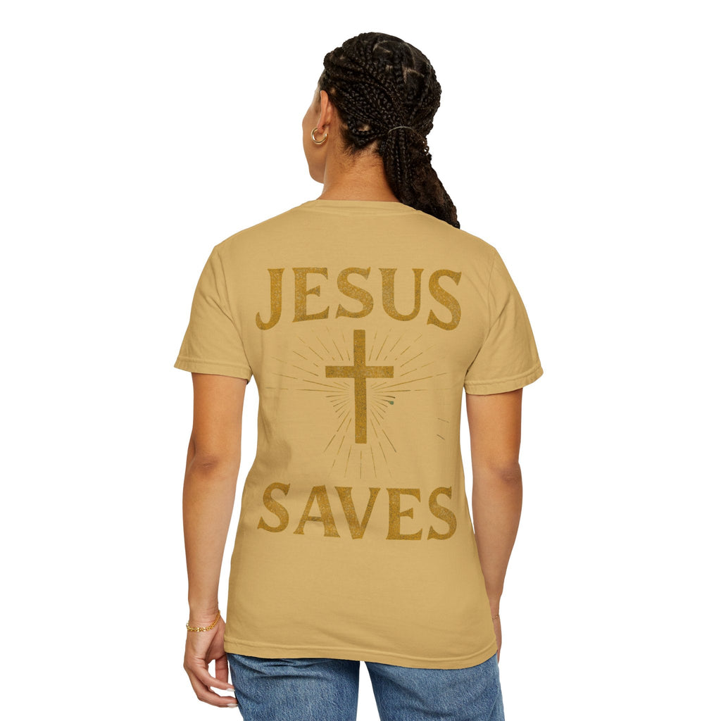 Jesus Saves T-shirt – Radiant Cross & Rays of Light Christian T-shirt for Eternal Hope & Faith Printify