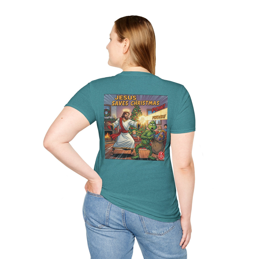 Jesus Saves Christmas T-shirt – Grinch vs Savior Light Battle Christian T-shirt for Hilarious Holiday Faith & True Joy Printify