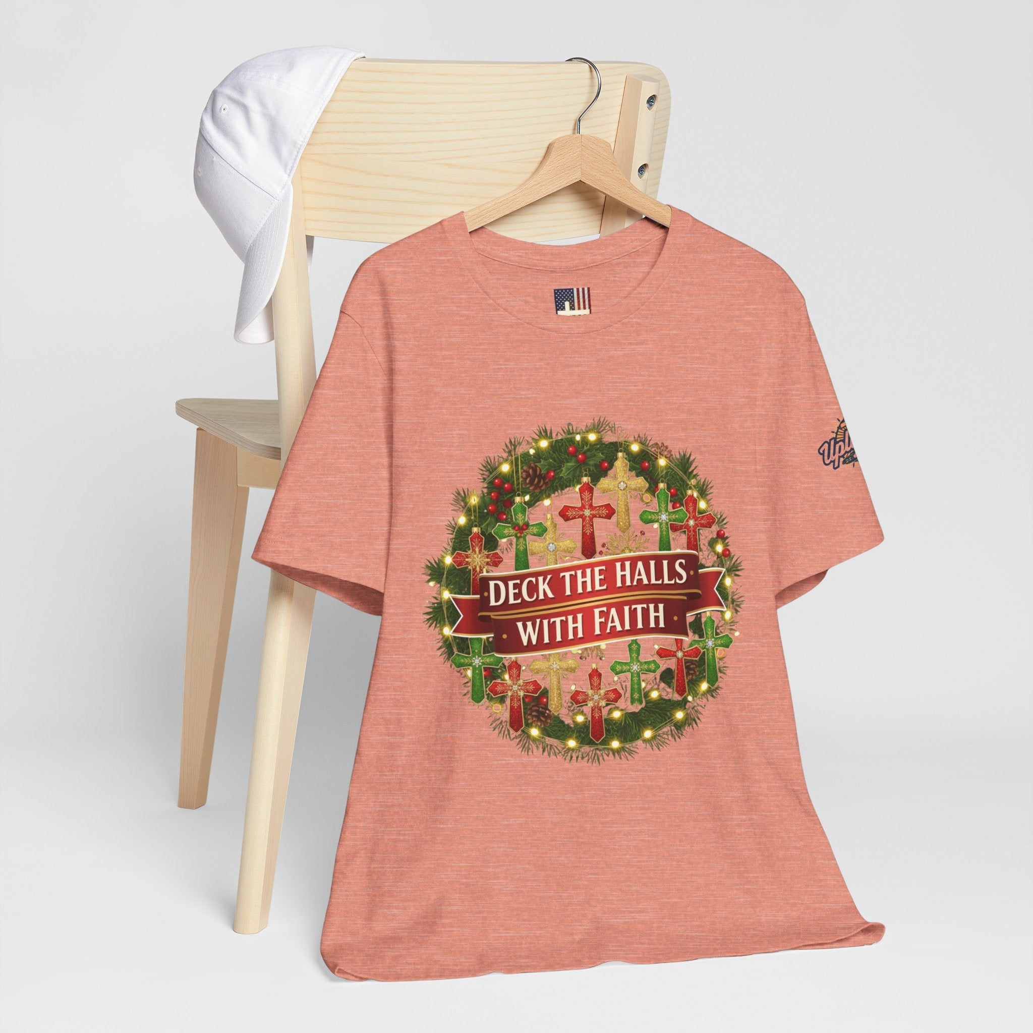 🎄 Deck the Halls with Faith – Christian Christmas T-Shirt | Cross Ornament Design & Festive Garland | Bold Holiday Faith Tee by Uplifted Gear Printify