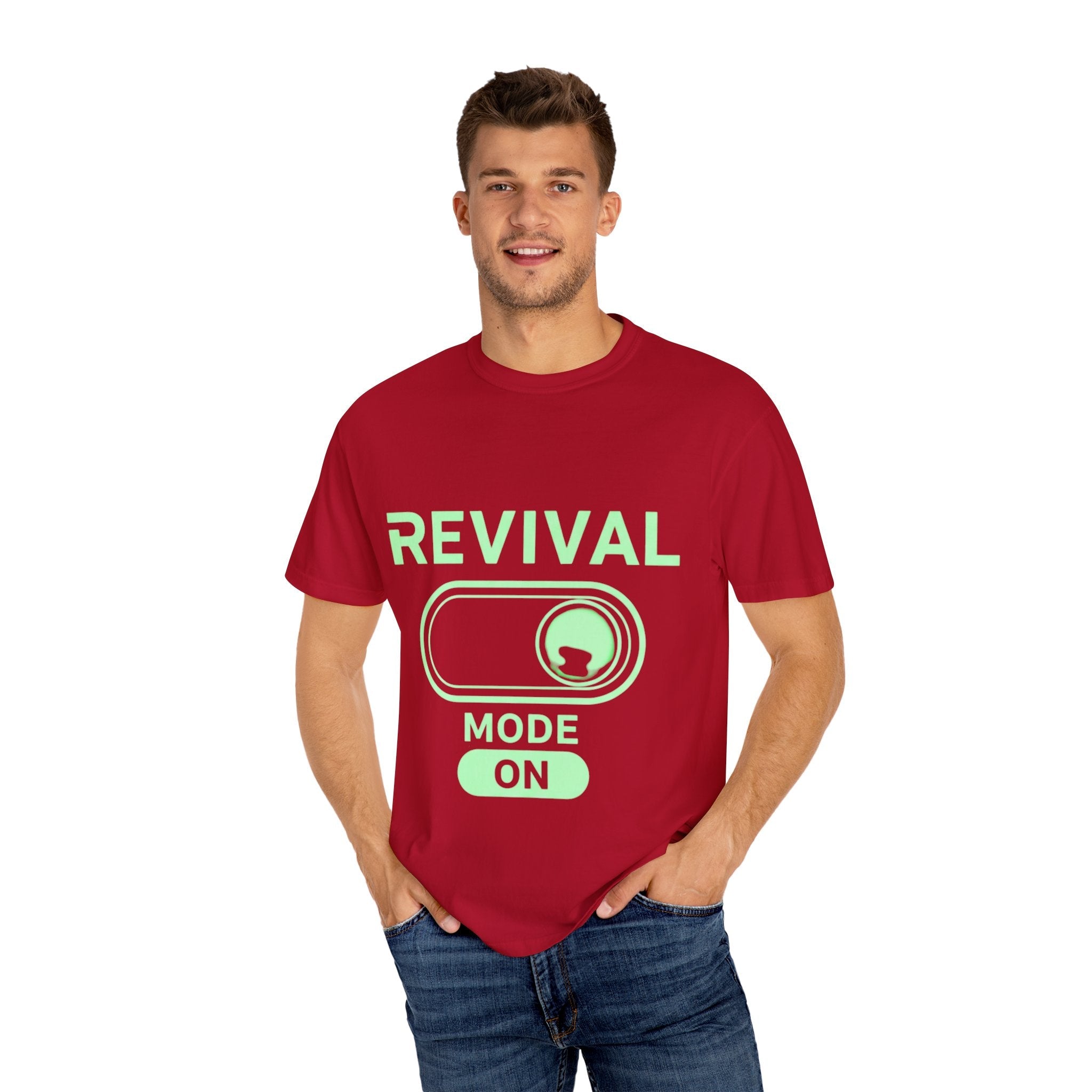 🔥 Revival Mode: ON – Christian Techwear T-Shirt | Glowing Green Faith Switch | Futuristic Jesus Shirt | Activate Your Spiritual Awakening | Uplifted Gear Printify