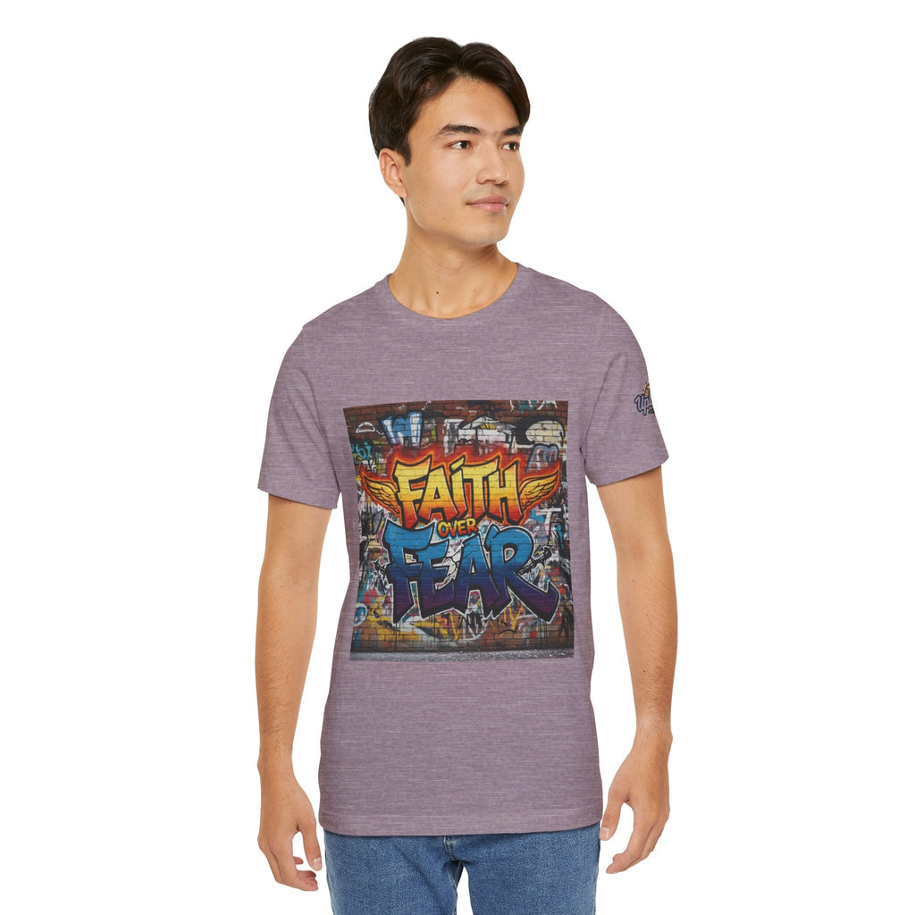 Faith Over Fear T-shirt – Graffiti Wall Christian T-shirt for Bold 2 Corinthians 5:7 Streetwear & Unshakable Faith Printify