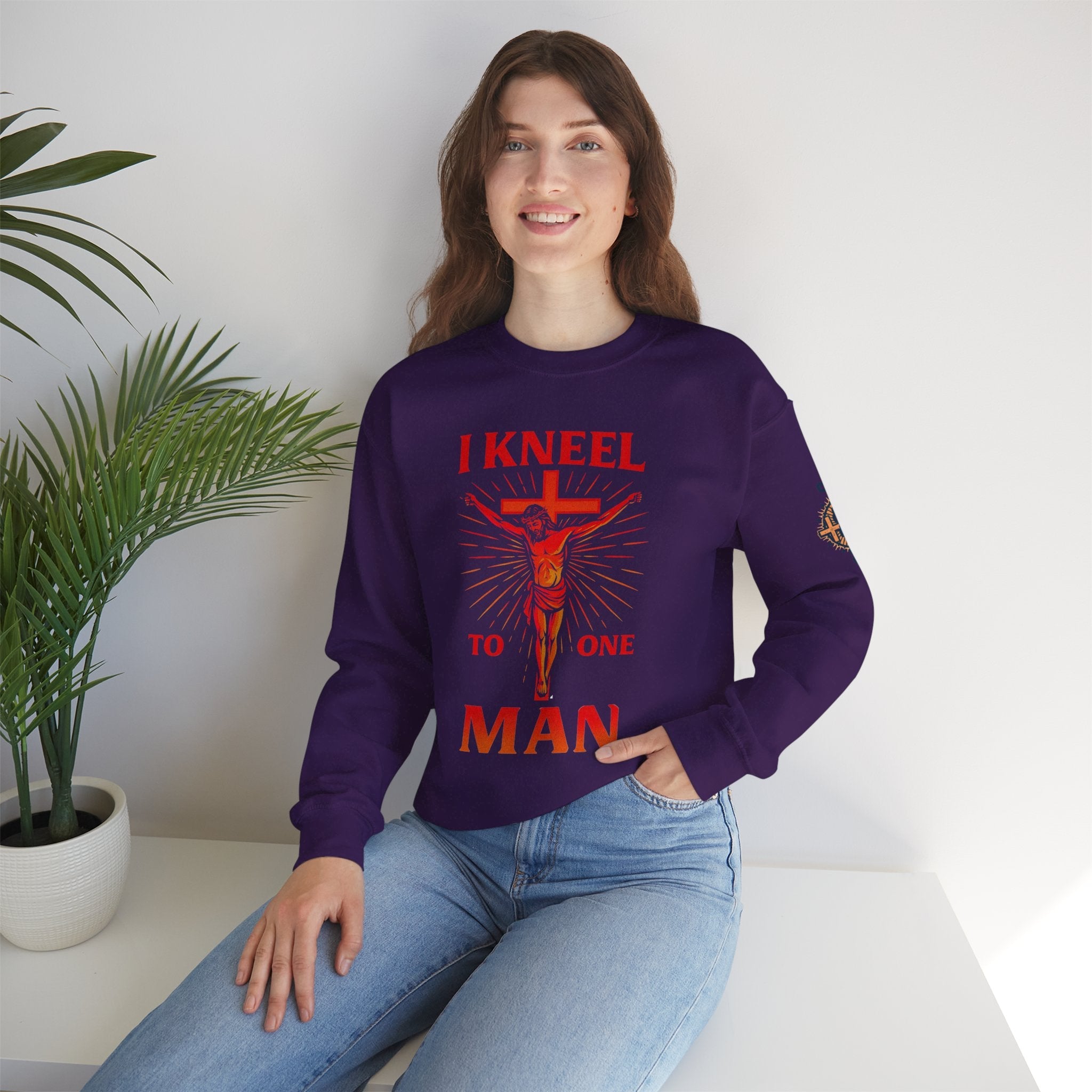 I Kneel to One Man Sweatshirt – Crucifixion Christian Sweatshirt for Unashamed Devotion & Bold Faith Printify