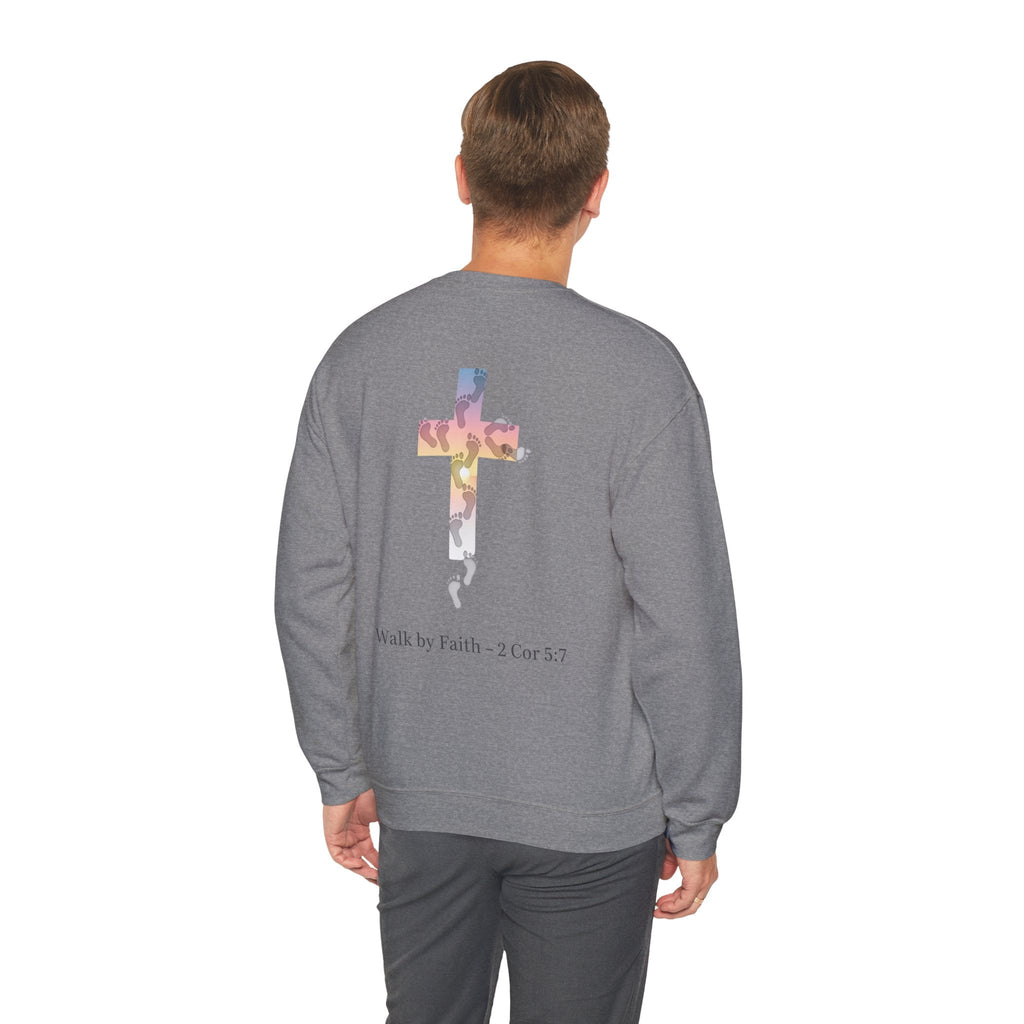 Walk by Faith Sweatshirt – Cross & Footprints Christian Sweatshirt for Cozy Inspiration Printify