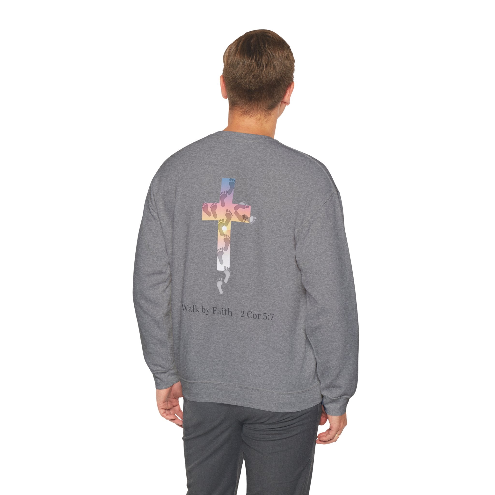 Walk by Faith Sweatshirt – Cross & Footprints Christian Sweatshirt for Cozy Inspiration Printify