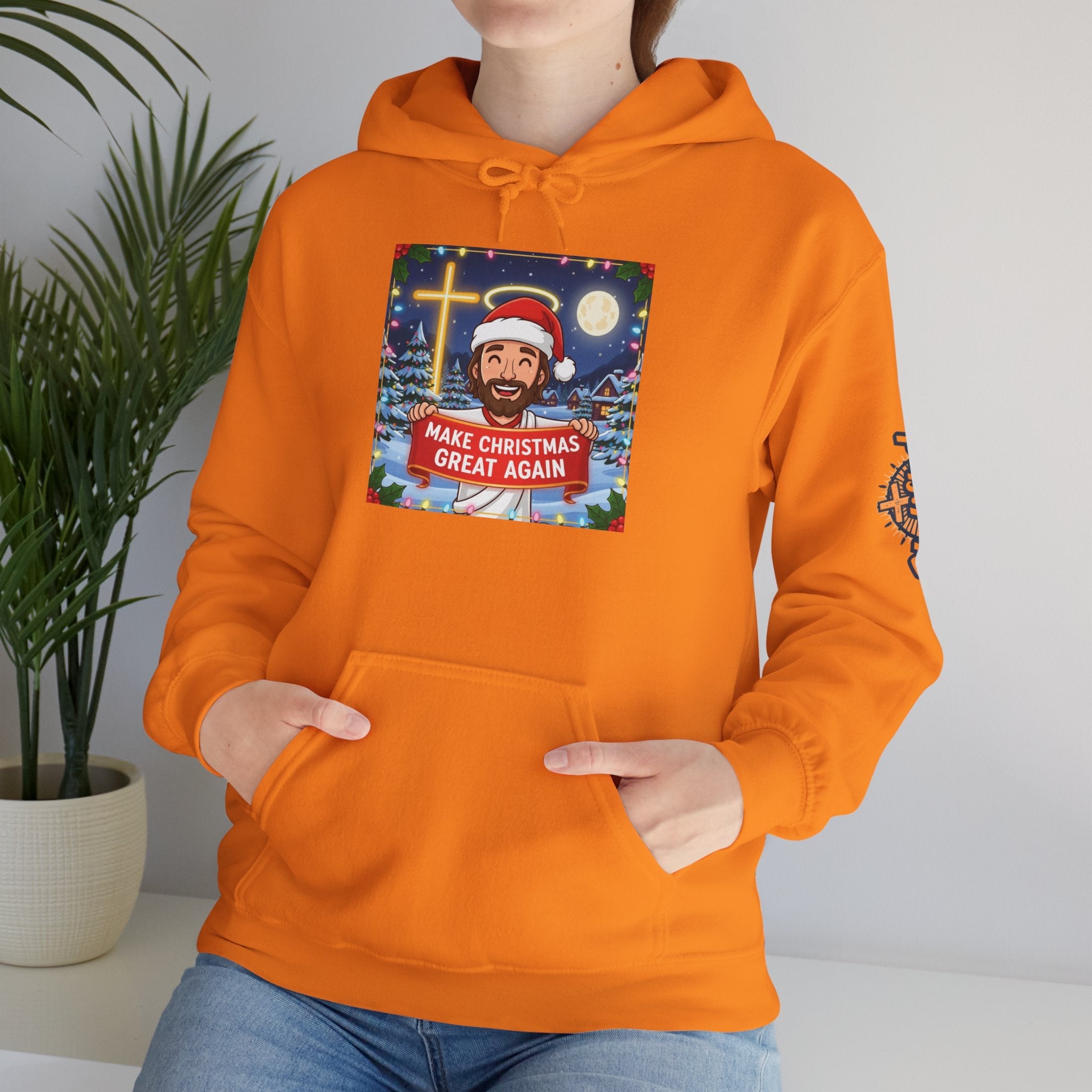🎄 Make Christmas Great Again – Funny Christian Hoodie | Jesus Holding Banner | Faith-Based Holiday Parody Tee | Uplifted Gear Printify