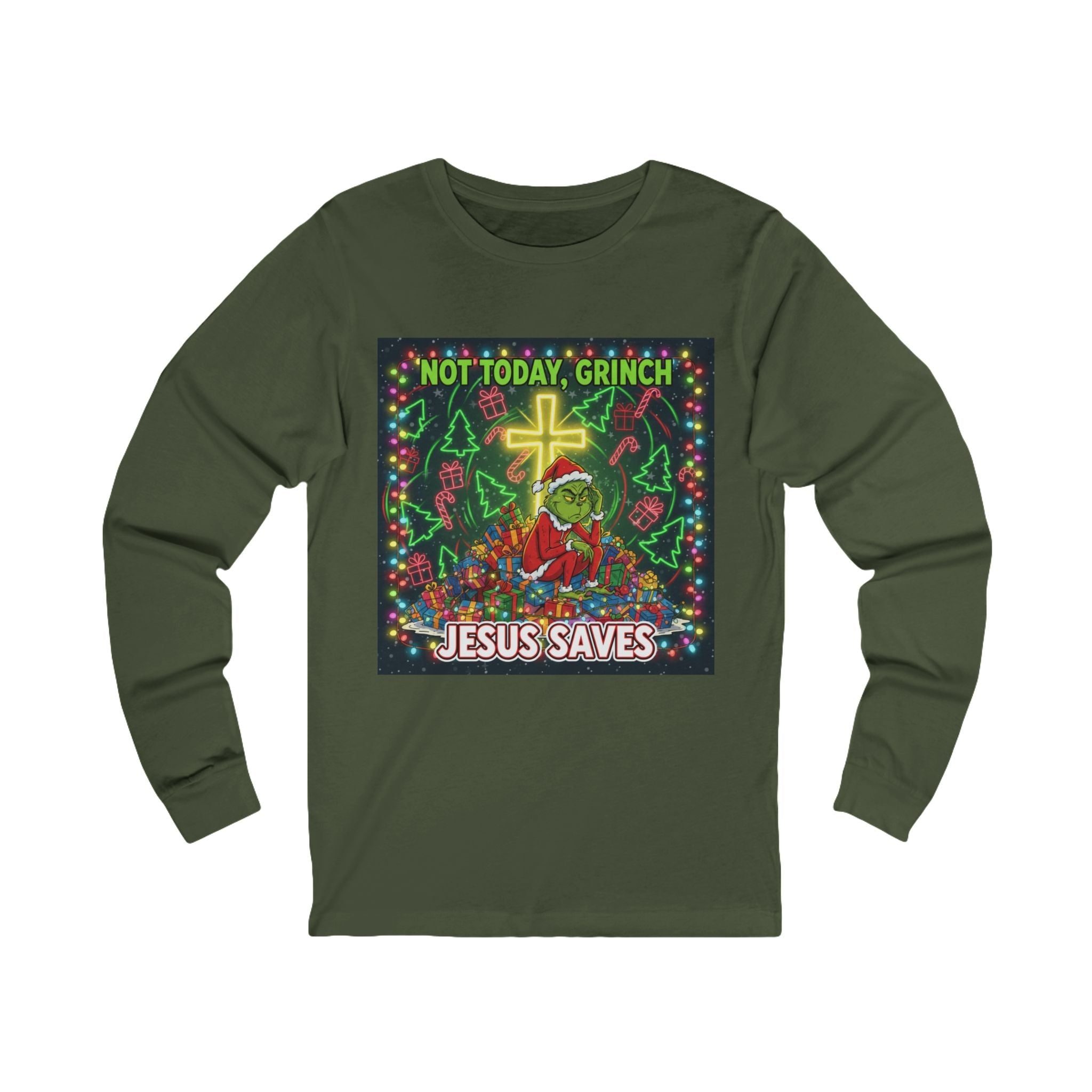 🎄 Not Today, Grinch – Jesus Saves | Funny Christian Christmas Long Sleeve Shirt | Festive Green & Red Cartoon Style | Bold Faith Holiday Tee by Uplifted Gear Printify