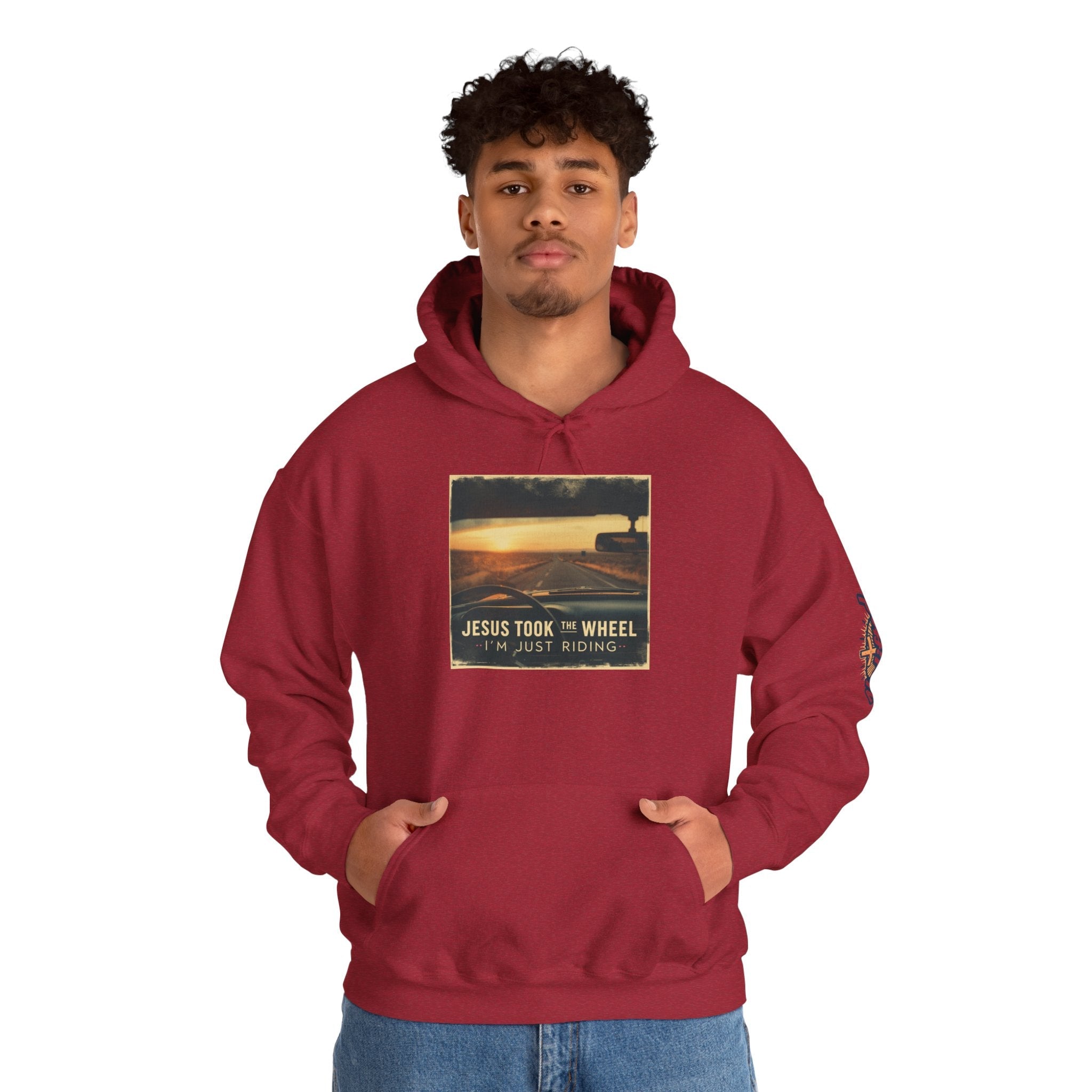 Jesus Took the Wheel I'm Just Riding Hoodie – Funny Christian Convertible Car Sweatshirt for Surrendered Faith & Humor Printify