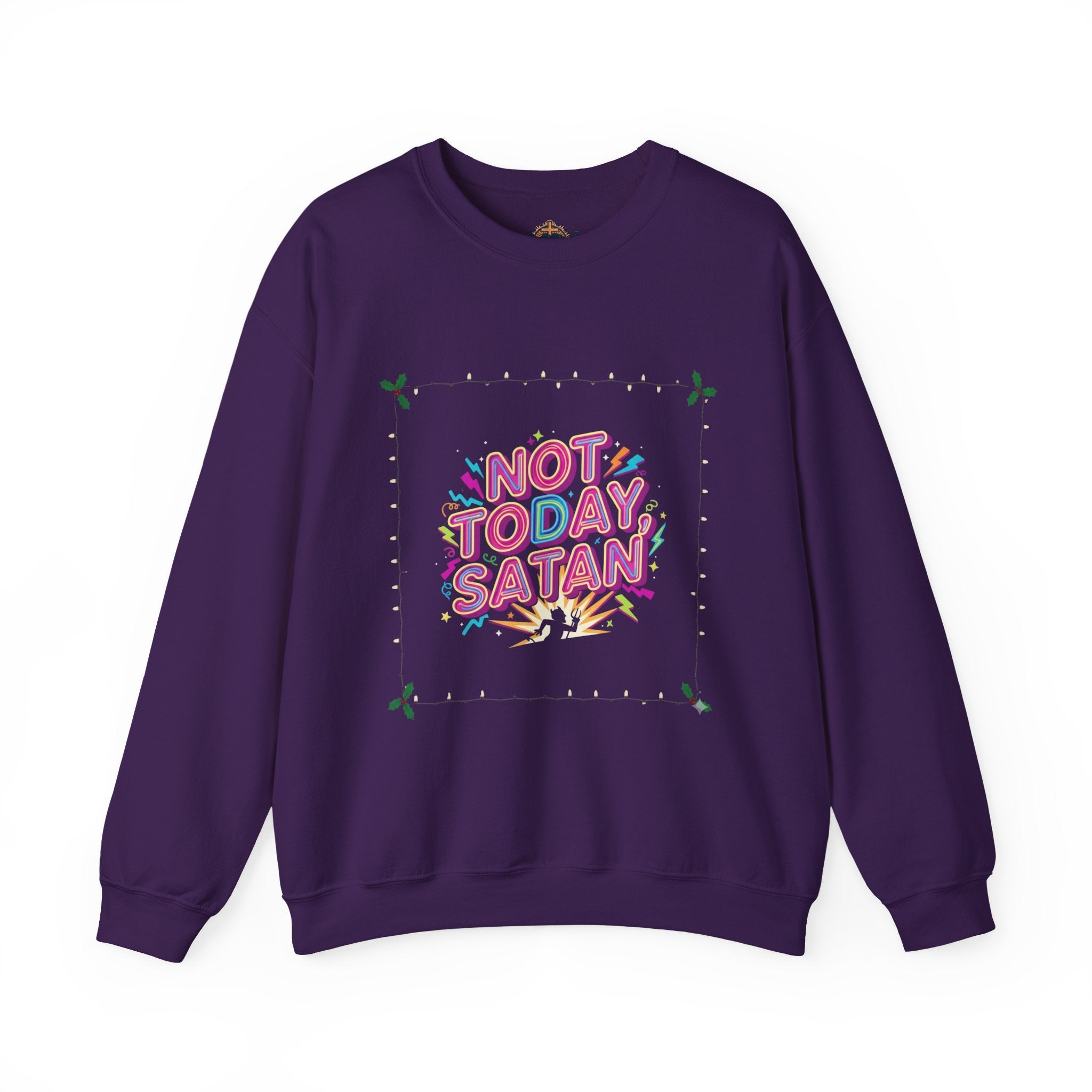 🔥 Not Today, Satan – Retro 90s Christian Sweatshirt | Neon Faith Tee | Funky Cartoon Devil | Bold Bible Verse Shirt | Uplifted Gear Printify