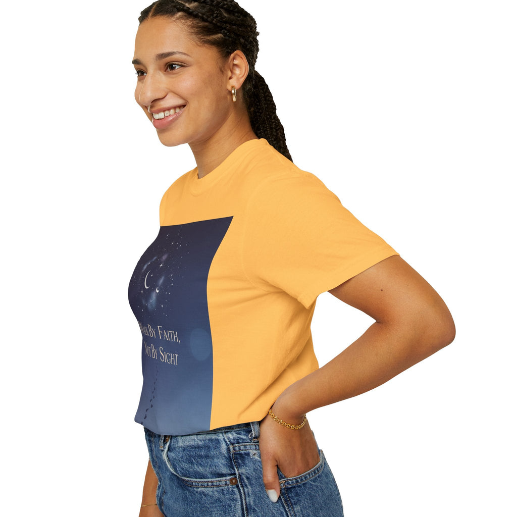Walk by Faith, Not by Sight T-Shirt – Footprints in the Sand Christian Moonlit Tee Printify